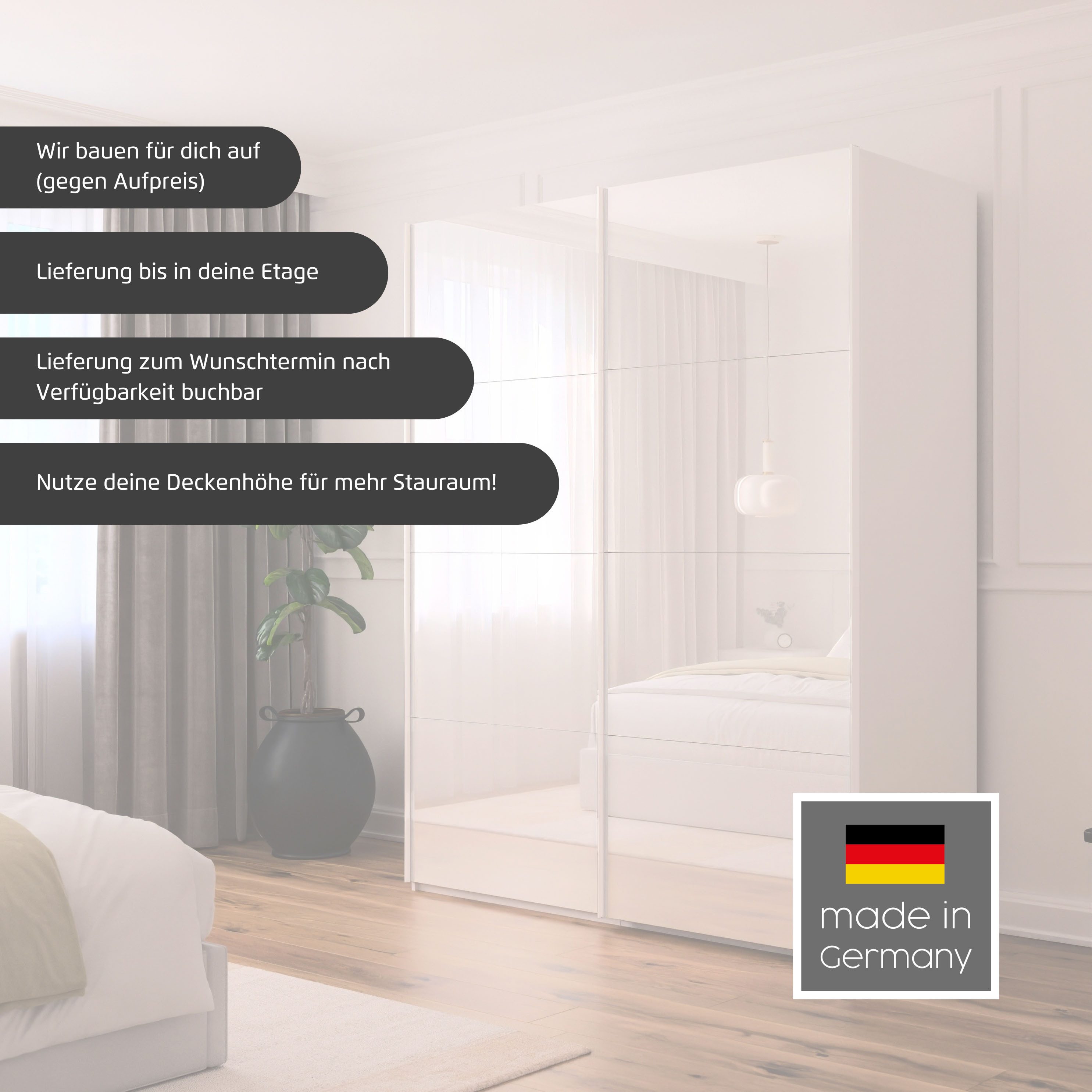 rauch Schwebetürenschrank Kleiderschrank Schrank Garderobe Schlafzimmerschrank SCALE-FYRA edle viergeteilte Türen mit Glas-Front viele Farben MADE IN GERMANY