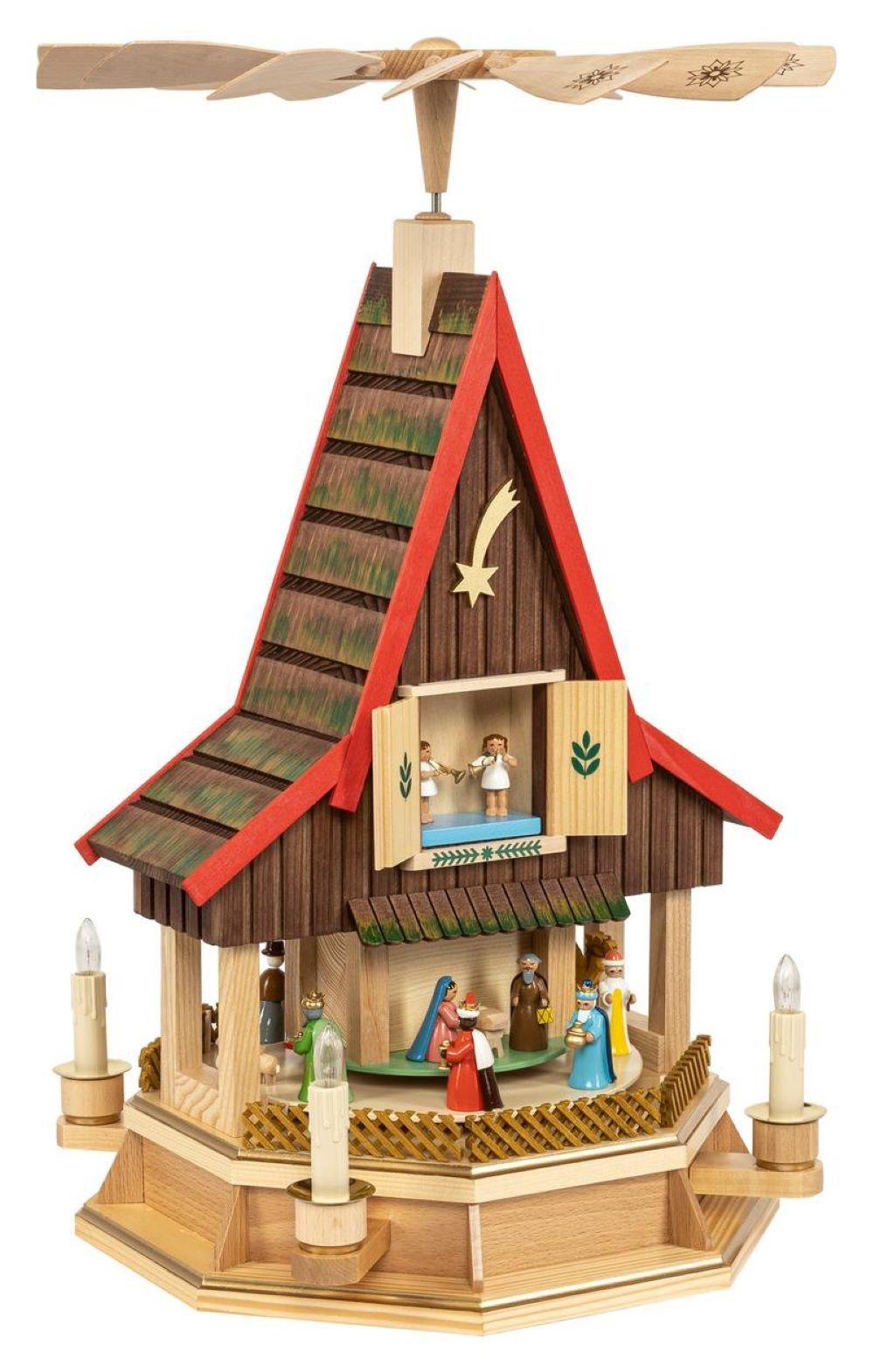 Richard Glaesser Weihnachtspyramide Pyramide Adventshaus Christi Geburt bunt, elektrisch, Höhe 53 cm, Handwerkskunst original Erzgebirge