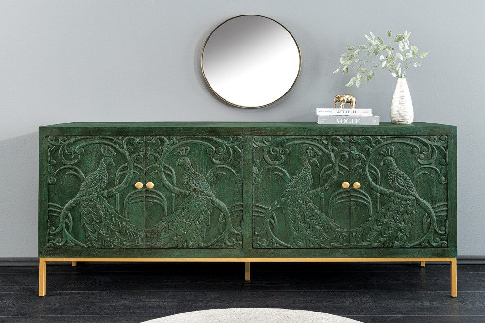 riess-ambiente Sideboard PEACOCK 175 cm grün / gold – Massivholz, Antik-Optik, 3D-Schnitzerei (Einzelartikel, 1 St), massiver Schrank mit Pfau-Design – ideal für Wohn- und Esszimmer