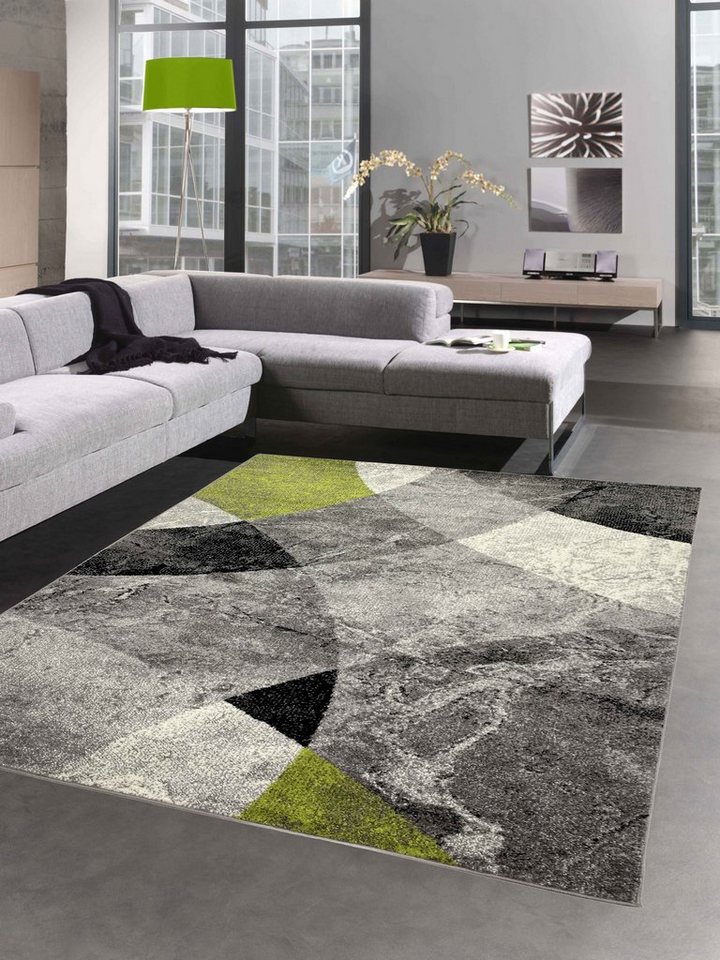 Teppich Abstrakter Wohnzimmer Teppich mit modernem marmorierten Wellen  Rauten Design in grün grau - pflegeleicht, Carpetia, rechteckig, Höhe: 8 mm