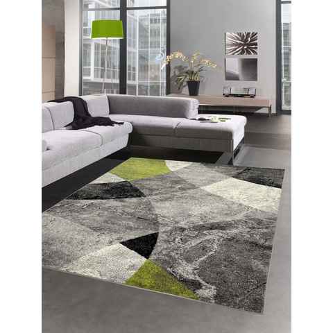 Teppich Abstrakter Wohnzimmer Teppich mit modernem marmorierten Wellen Rauten Design in grün grau - pflegeleicht, Carpetia, rechteckig, Höhe: 8 mm