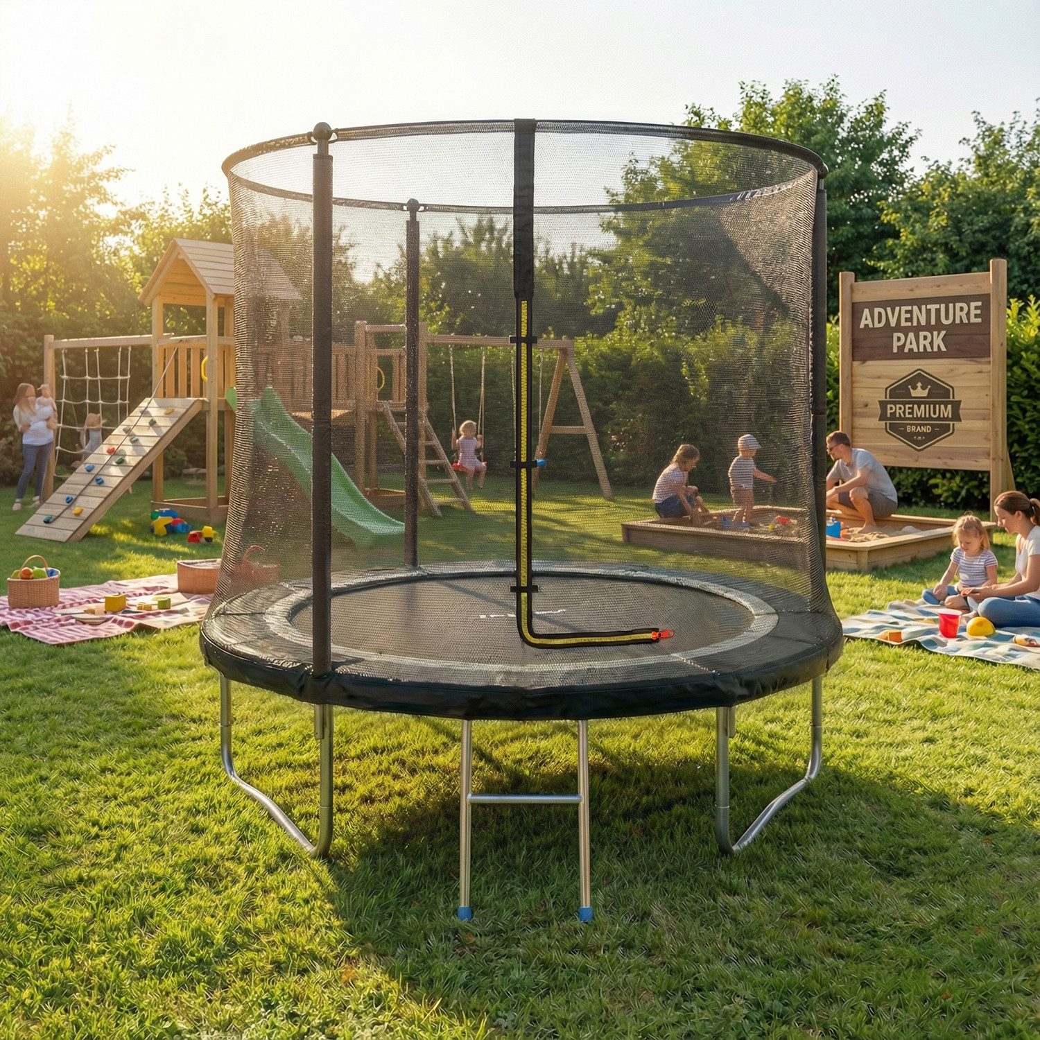 GUNJI Gartentrampolin 183/222/290/360 cm Kindertrampolin für den Garten, Ø 222 cm, (Ausgestattet mit Sicherheitsnetz, Trampolin und Leiter; Tragkraft 150 kg)