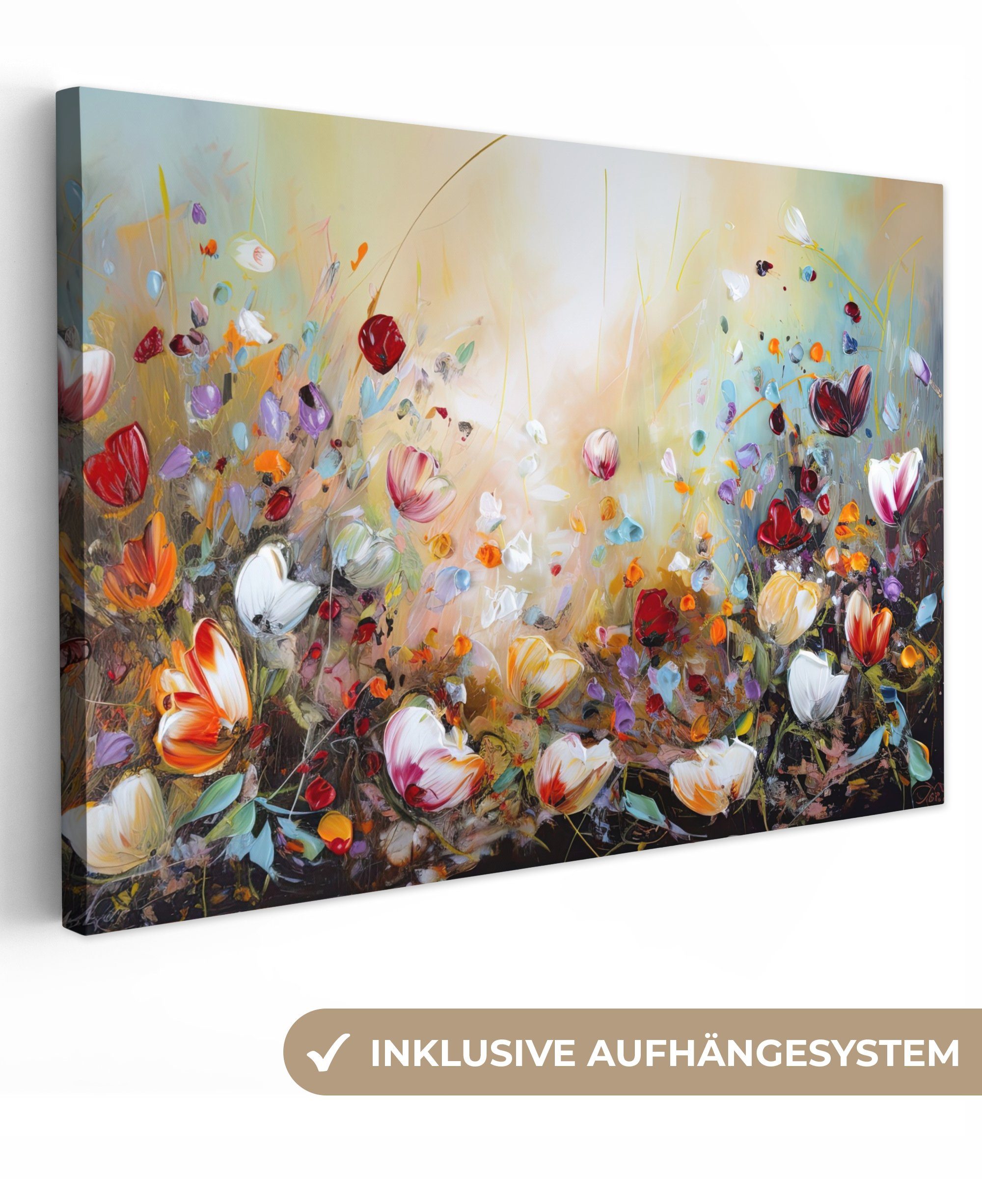 OneMillionCanvasses® Leinwandbild Ölfarben - Blumen - Farbenfroh - Natur, (1 St), Wandbild Leinwandbilder, Aufhängefertig, Wanddeko, 30x20 cm