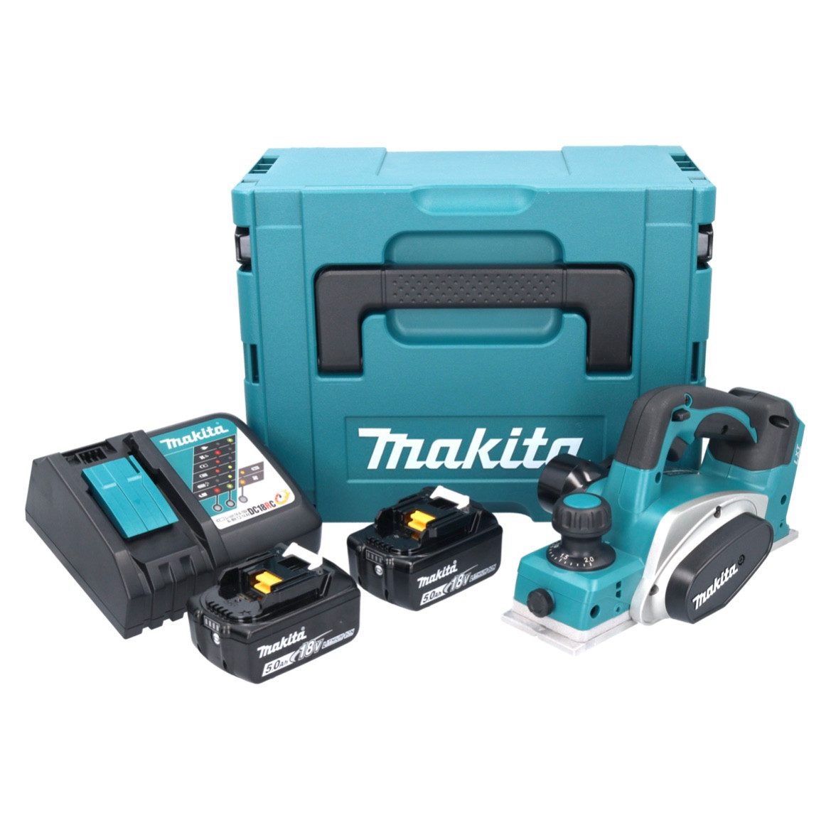 Makita Akku-Falzhobel DKP 180 RTJ Akku Hobel 18 V 82 mm + 2x Akku 5,0 Ah + Ladegerät