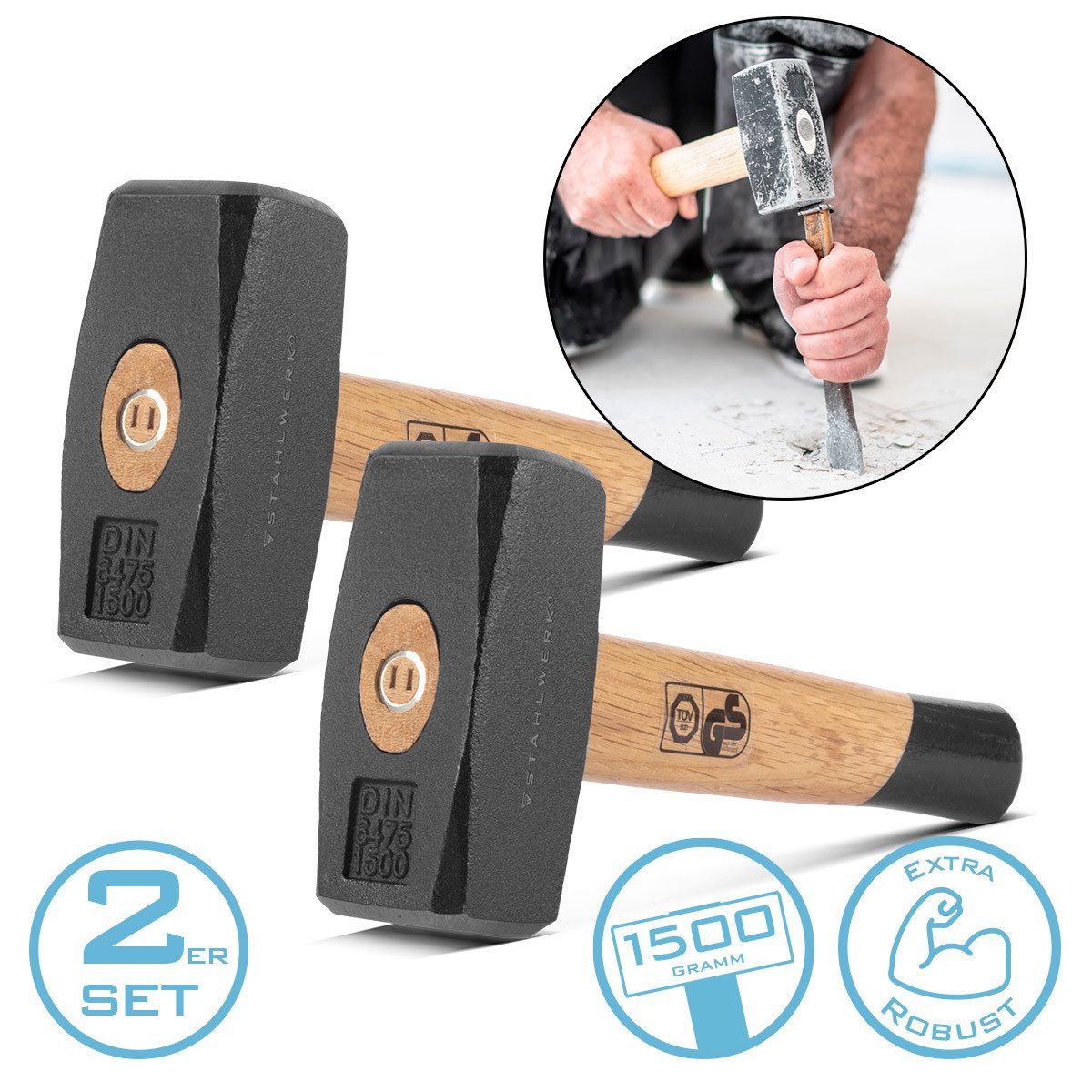 STAHLWERK Vorschlaghammer Fäustel 2er Set mit 1500 g Hammerkopf Plattenhammer aus gehärtetem (Set, 2-St., Set), doppelt geschweifter Holzstiel