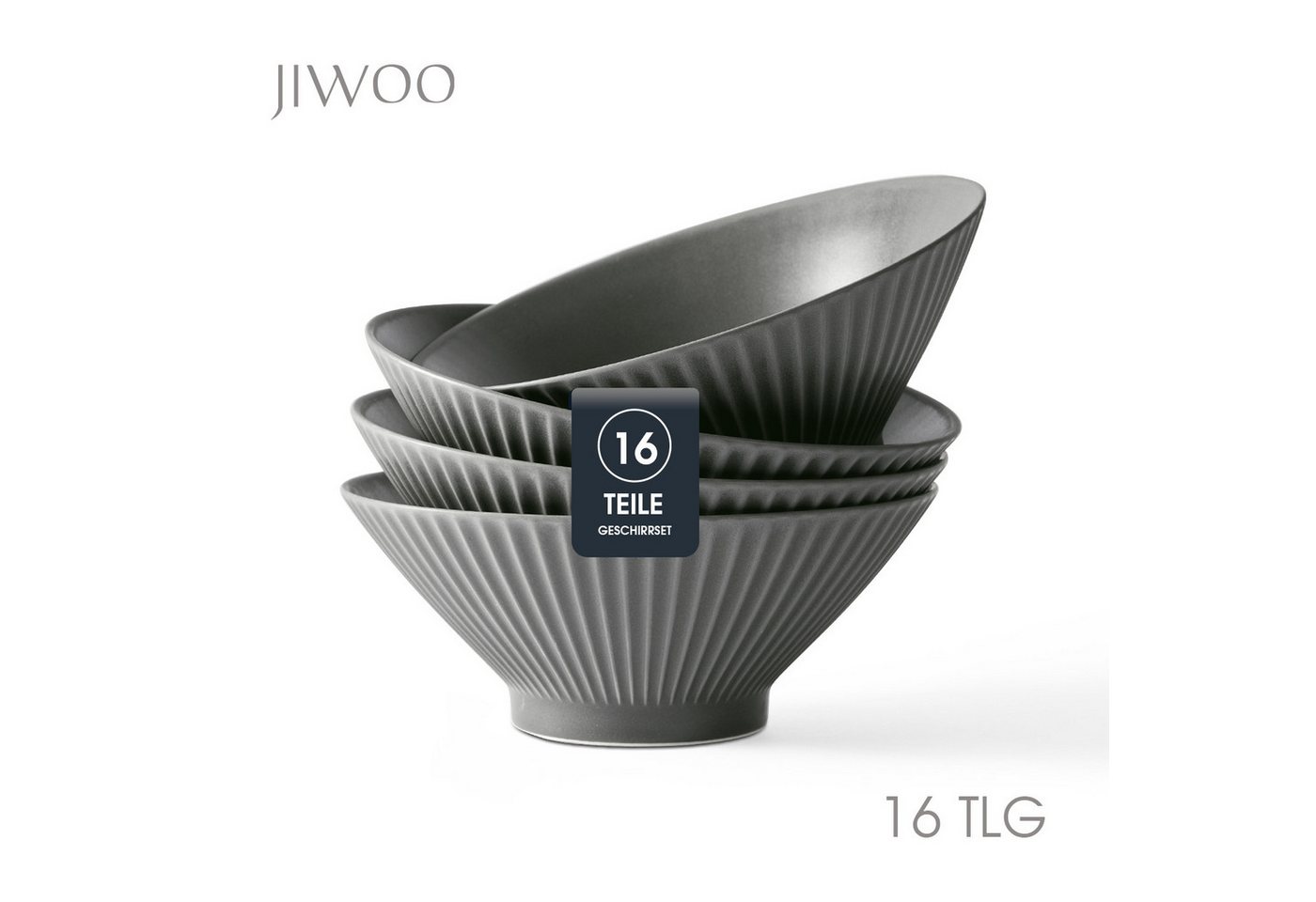 JIWOO Schüssel 4er Ø20cm, Japanische Ramenschüssel Suppenschüssel bowl Pastaschüssel, Keramik, (Set, 16-tlg), Hochwertiges Schüsseln Schwarz Schüssel Mikrowellenofen Spülmaschine