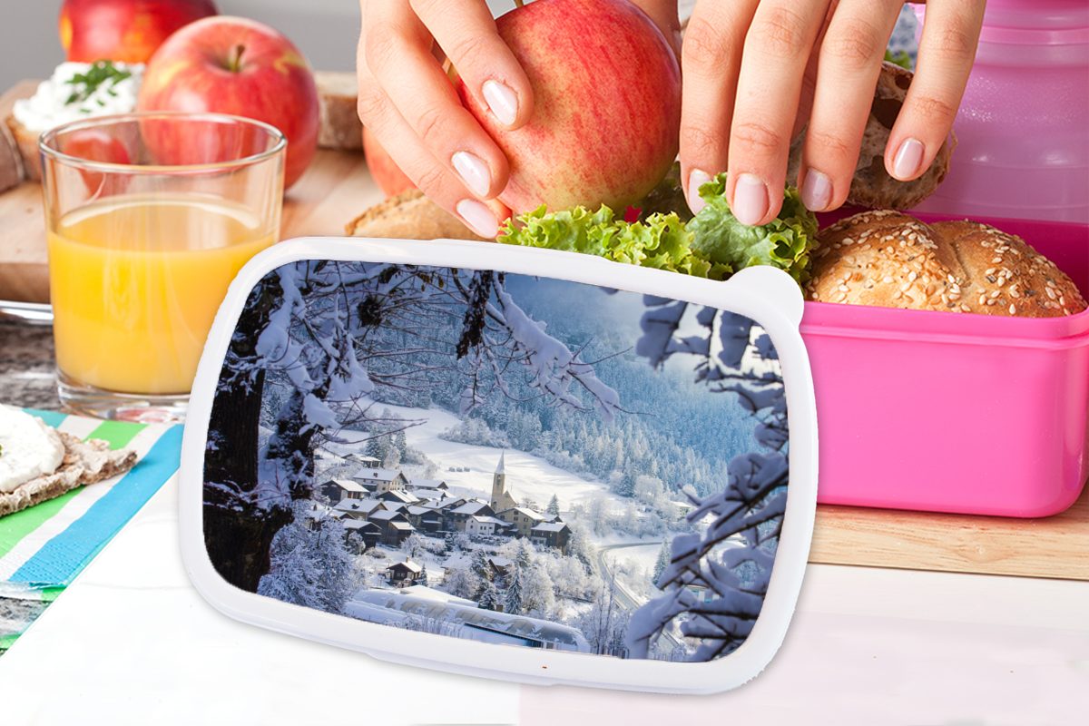 MuchoWow Lunchbox Alpen für - Schnee Kinder, Brotbox Brotdose - Mädchen, Dorf, Kunststoff, (2-tlg), Erwachsene, rosa Kunststoff Snackbox