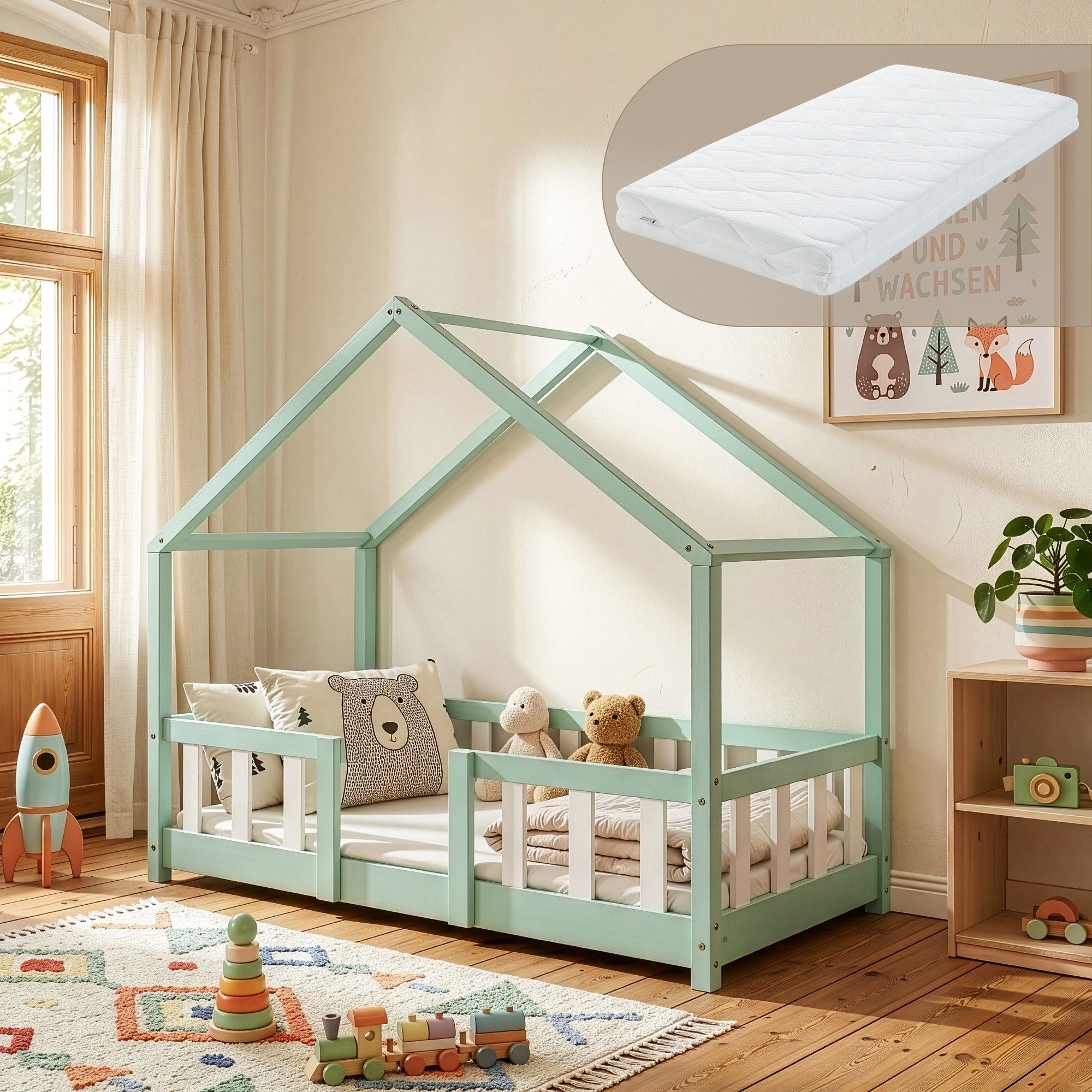 en.casa Kinderbett (Bett und Matratze), »Treviolo« mit Matratze Montessori Mint / Weiß 70x140 cm