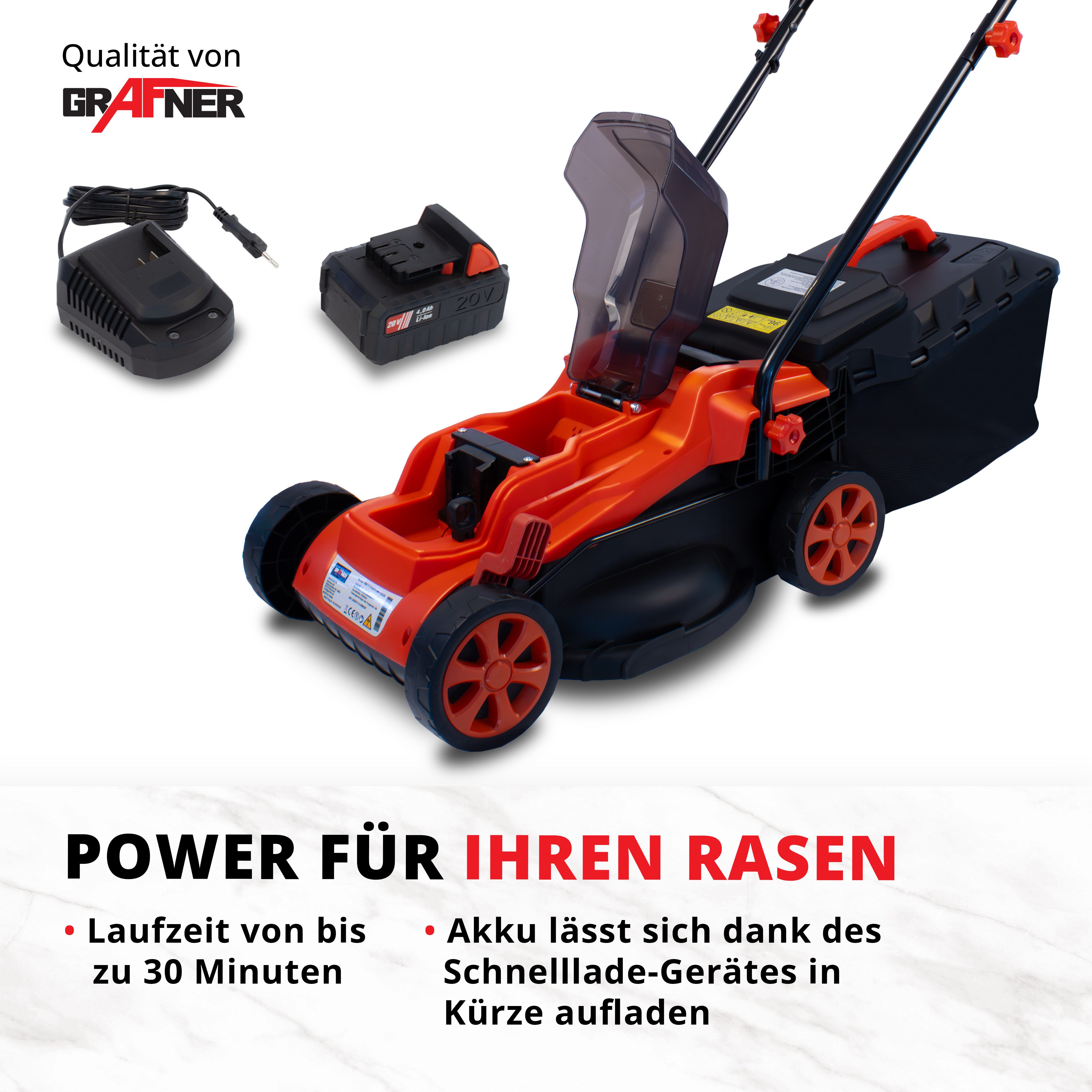 Grafner cordless lawnmower, 20V, including battery and charger, 32cm cutting width