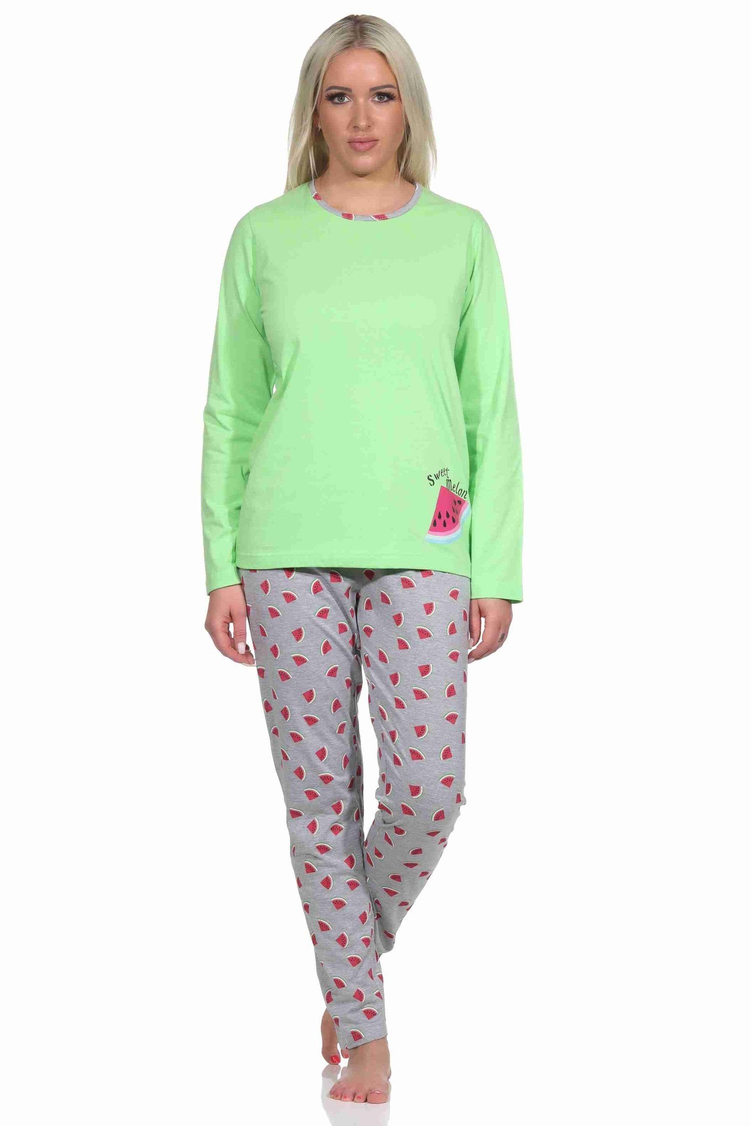 Normann Pyjama mit lang Melone Hose Schlafanzug allover als Damen Motiv, bedruckt grün