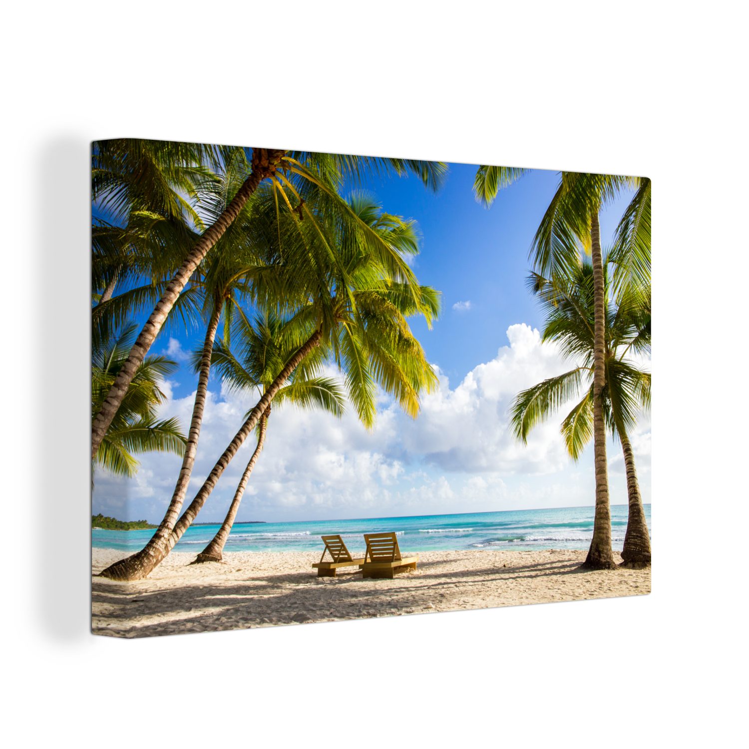 OneMillionCanvasses® Leinwandbild Palmen und Hütten auf einer tropischen Insel, (1 St), Wandbild für alle Wohnbereiche, Gemälde, XXL, großes, 120x80 cm