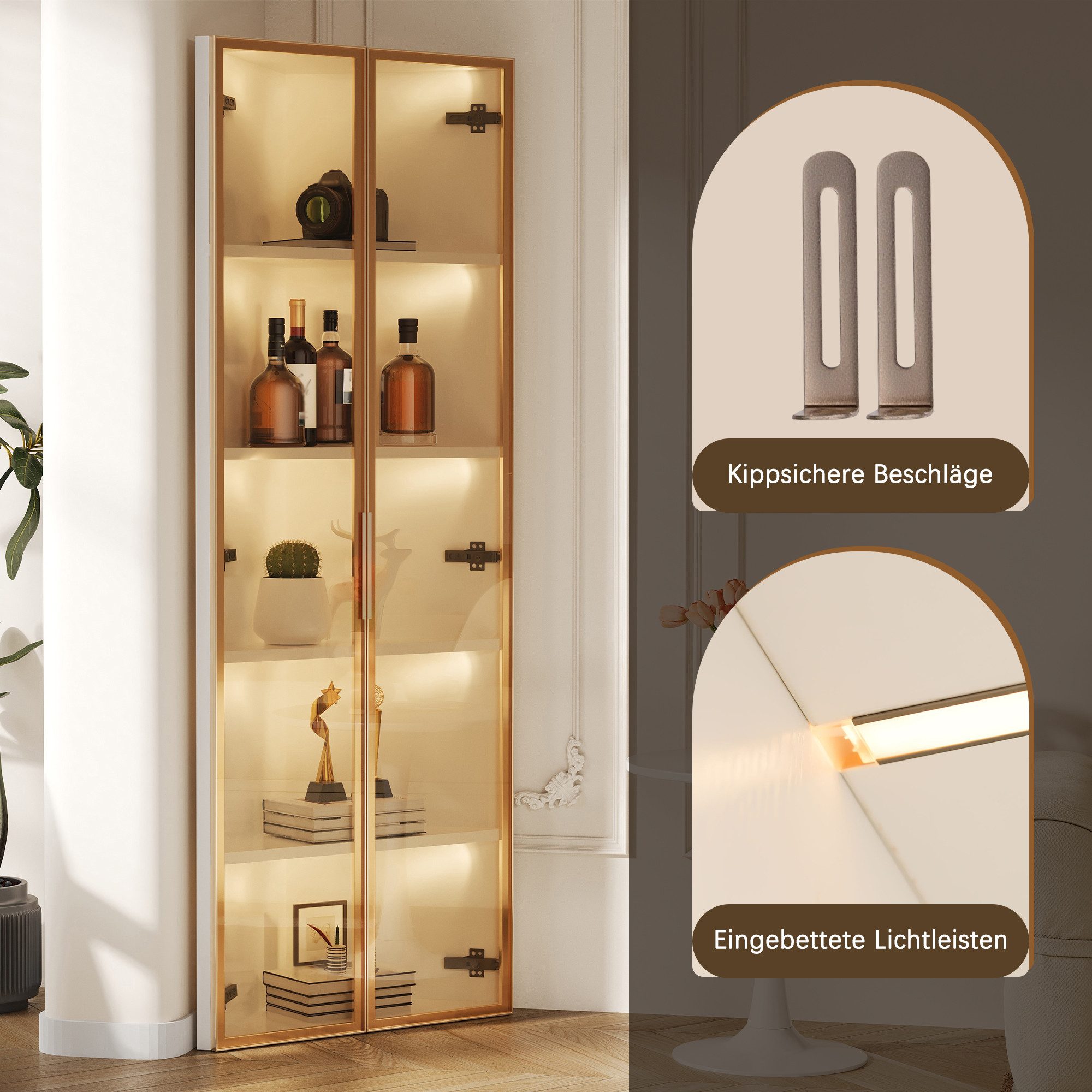 Flieks Glasvitrine Eckvitrine mit LED-Beleuchtung und 5 Fächer (1-St., B62/T35/H160 cm) Standvitrine Eckschrank Hochschrank Highboard Wohnzimmer – Bild 5 von 5
