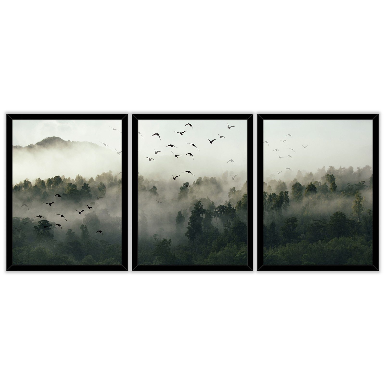 Set Bilder 3 Nebel Teilig cm 30x40 x 3 3 Wald Kunstdruck Wohnzimmer, Wandbilder 3er Wallarena Poster St), (3er, Mit Rahmen SET im Wandbild