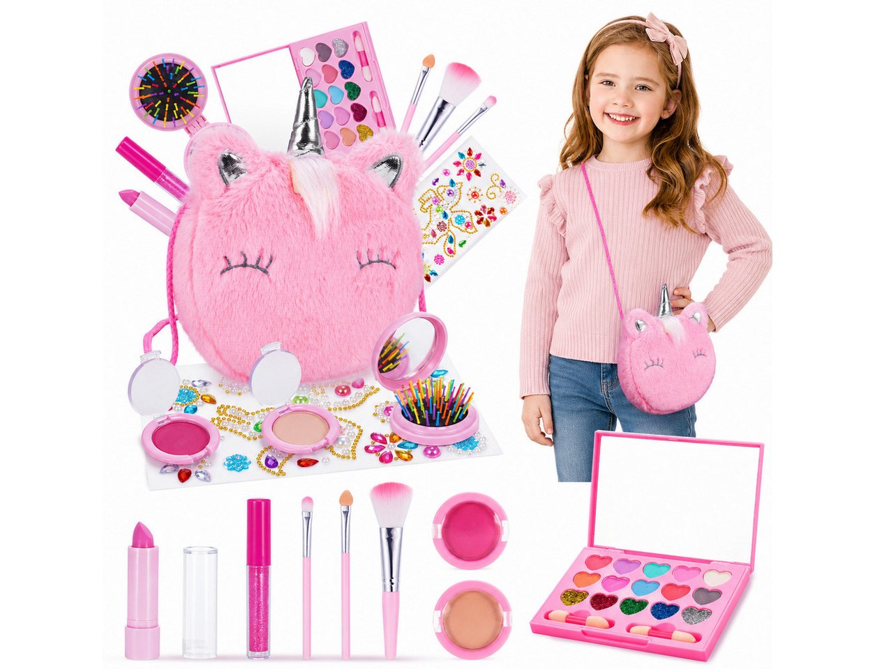Wootoy Lernspielzeug Kinderschminkset 10-teiliges Make-up-Spielzeug Rollenspiel Spielzeug (inklusive 15 Farben Lidschatten Lippenstift Lipgloss Rouge, 10-St., mit Plüschige Einhorn-Aufbewahrungstasche in der alle Accessoires), Kreativset für Kinder ab 3 J