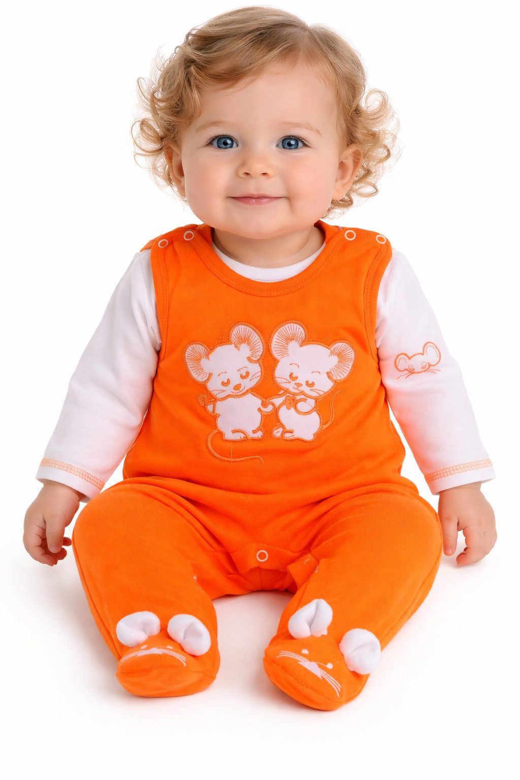 Strampler Stramplerhose Shirt Set Baby Anzug in Orange mit Mäuschen