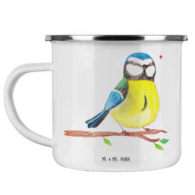 Mr. & Mrs. Panda Becher Vogel Blaumeise - Weiß - Geschenk, Frühlingsgefühle, Kaffee Blechtass, Emaille, Ästhetisch & langlebig