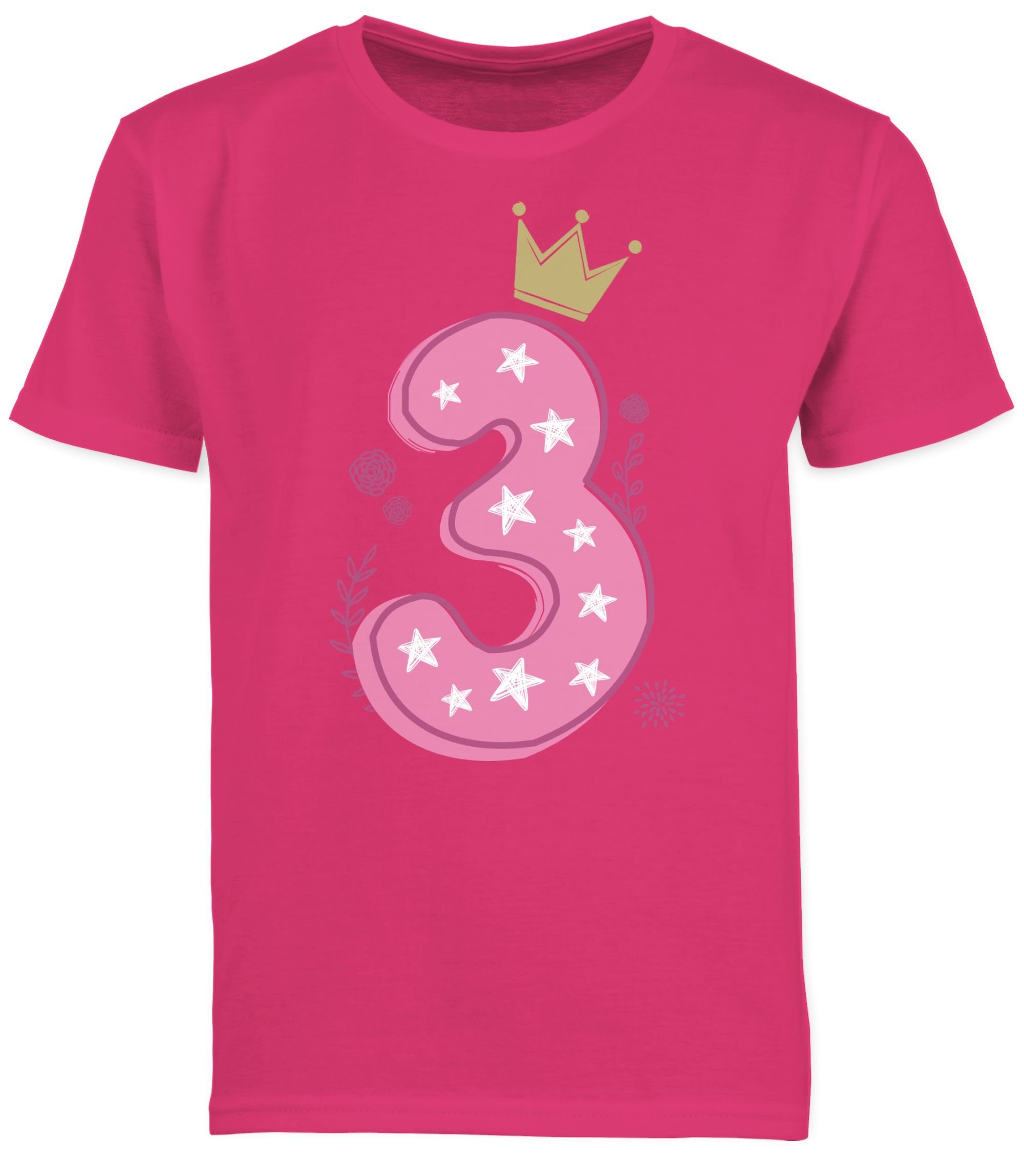 Shirtracer T-Shirt Dritter Mädchen Krone Sterne 3. Geburtstag 3 Fuchsia