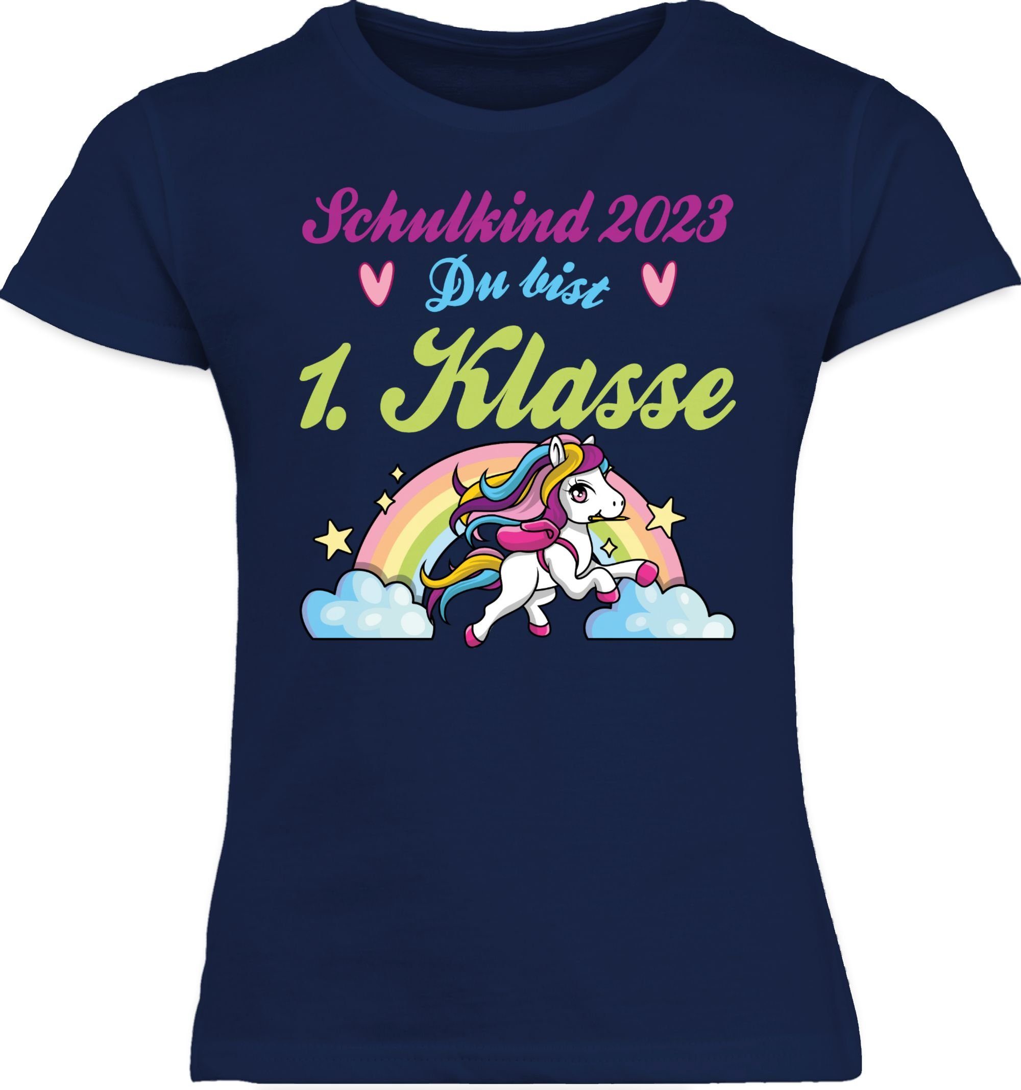 Shirtracer T-Shirt Schulkind 2023 du - Pferd Klasse Navy und 1. Einschulung Regenbogen Mädchen bist 2 Blau