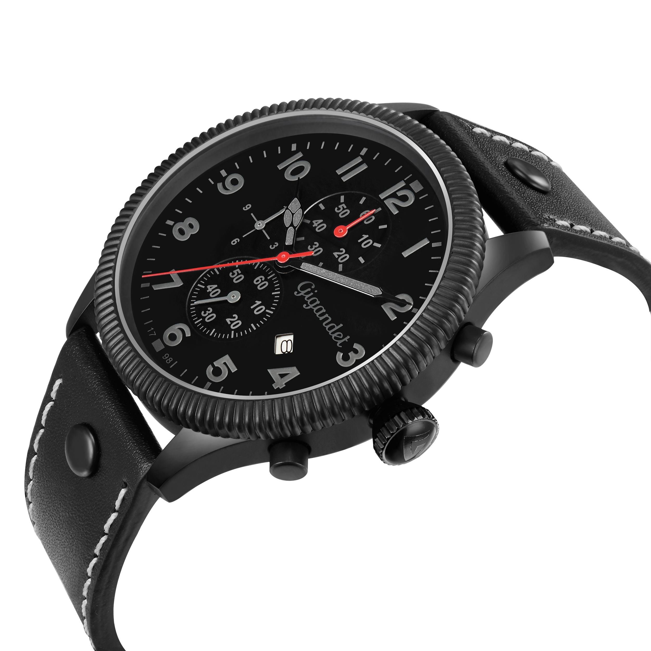 Gigandet Chronograph Armbanduhr, Herrenuhr, Fliegeruhr, 44mm, RED BARON V G34-003, Mineralglas, Datumsanzeige, Lederband, 10bar/100m wasserdicht