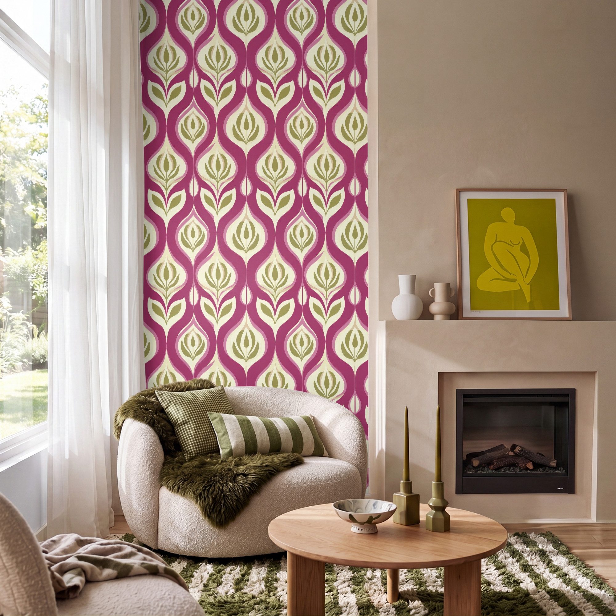 OnlyWow Fototapete Retro - Floral - Lila, Matt, bedruckt, Wandtapete, Küche, bedruckt 120x220cm