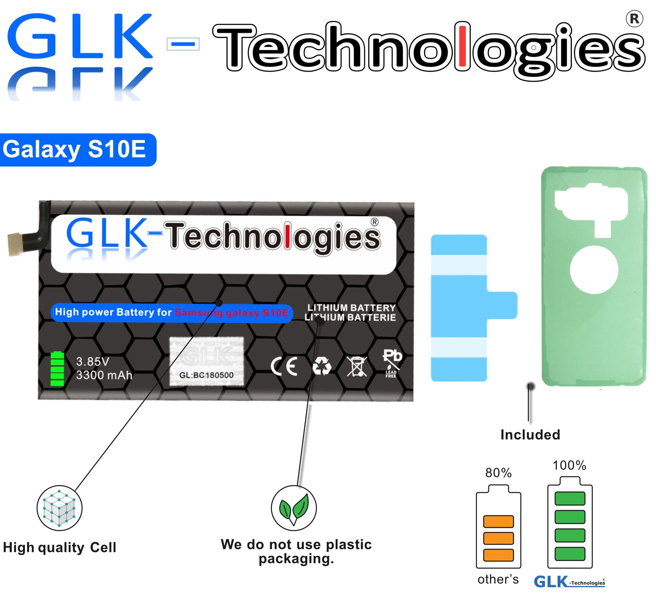 GLK-Technologies High Power Ersatzakku kompatibel mit Samsung Galaxy S10e G970F EB-BG970AB Ohne Set Smartphone-Akku 3300 mAh (3,85 V)