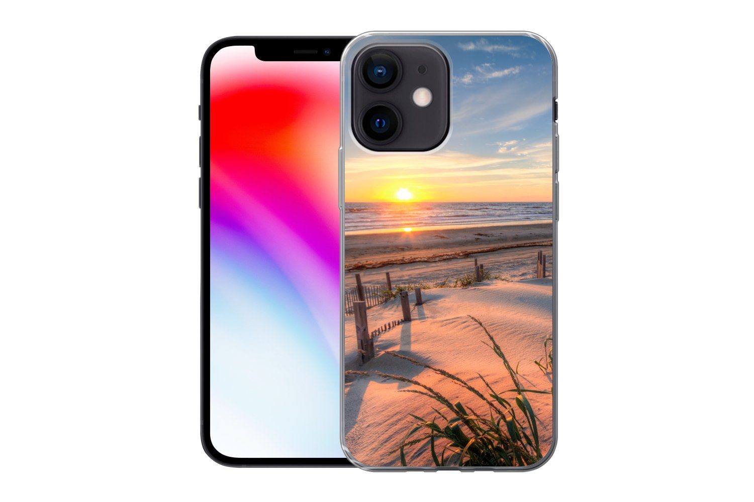 MuchoWow Handyhülle für Apple iPhone 12 Mini Strand - Meer - Düne - Sonnenuntergang - Land, Smartphone-Bumper, Print, Handy Schutzhülle Dünn