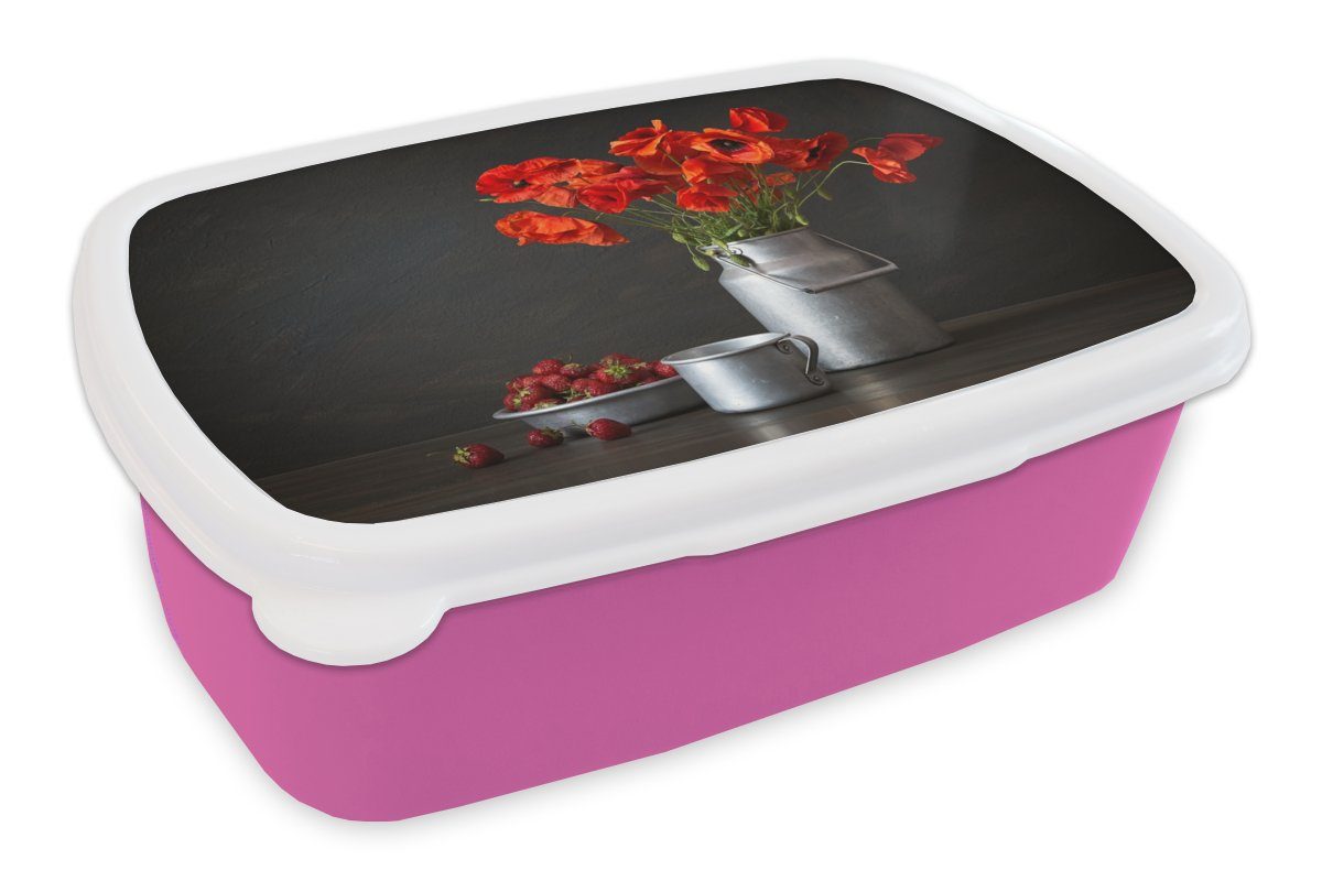 MuchoWow Lunchbox Stilleben - Mohnblumen - Milchkännchen, Kunststoff, (2-tlg), Brotbox für Erwachsene, Brotdose Kinder, Snackbox, Mädchen, Kunststoff rosa