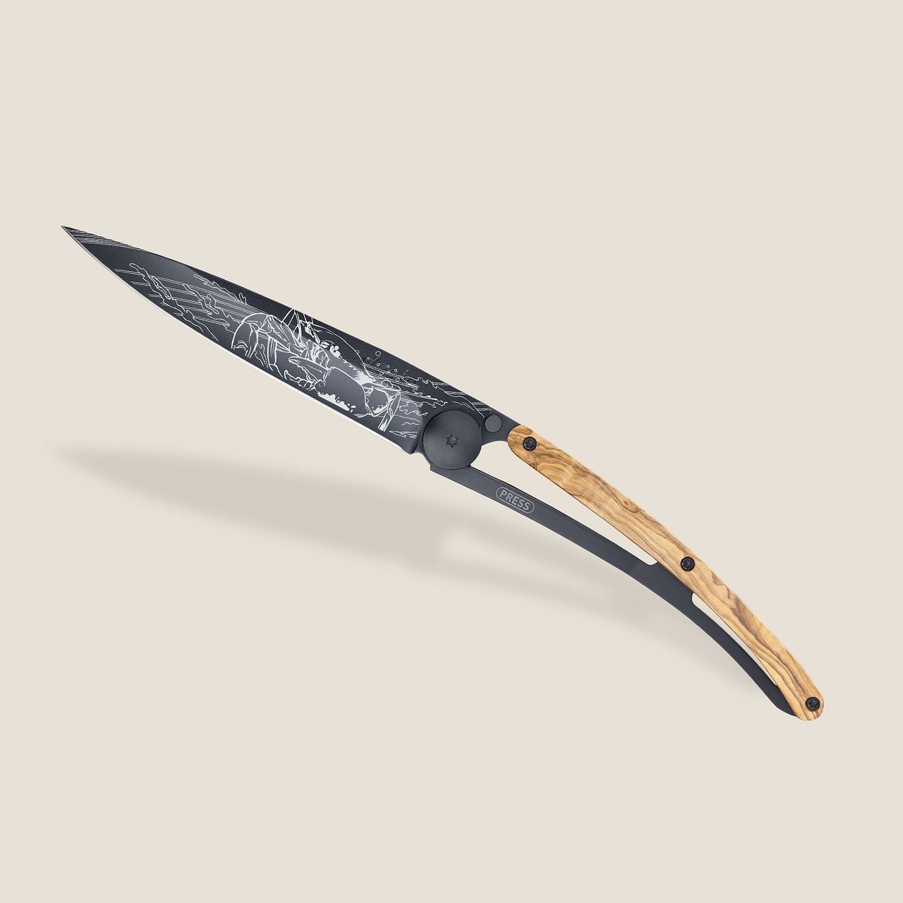Deejo Taschenmesser 37g - Olivenholz / Krebs- Klappmesser - Outdoormesser - Messer, Sternzeichen Krebs Motiv