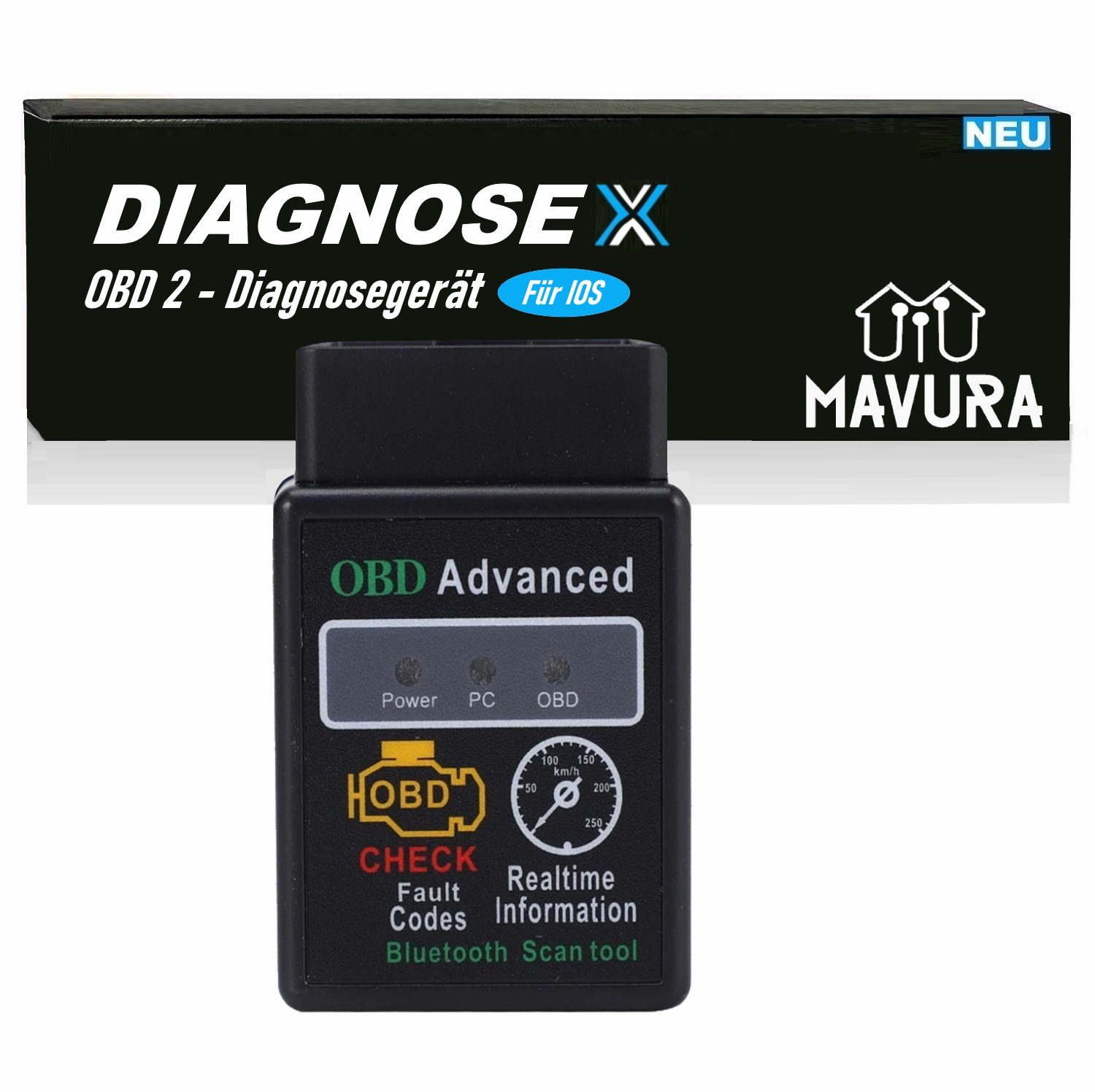 MAVURA OBD2-Diagnosegerät DIAGNOSEX OBD2 für Diagnosegerät Handy Adapter Apple Auslesegerät, Gerät Autoscan Diagnose Smartphone Bluetooth iOS Auto Iphone