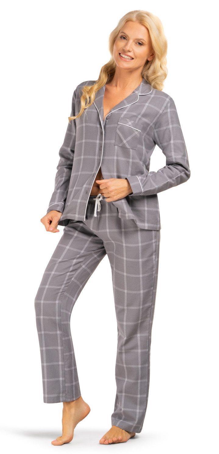 Consult-Tex Pyjama Damen Langarm Flanell Pyjama - Schlafanzug - Hausanzug 3er Set DW145 (Spar-Set, 3teilig, 2 Oberteile, 1 Hose) Mit Brusttasche