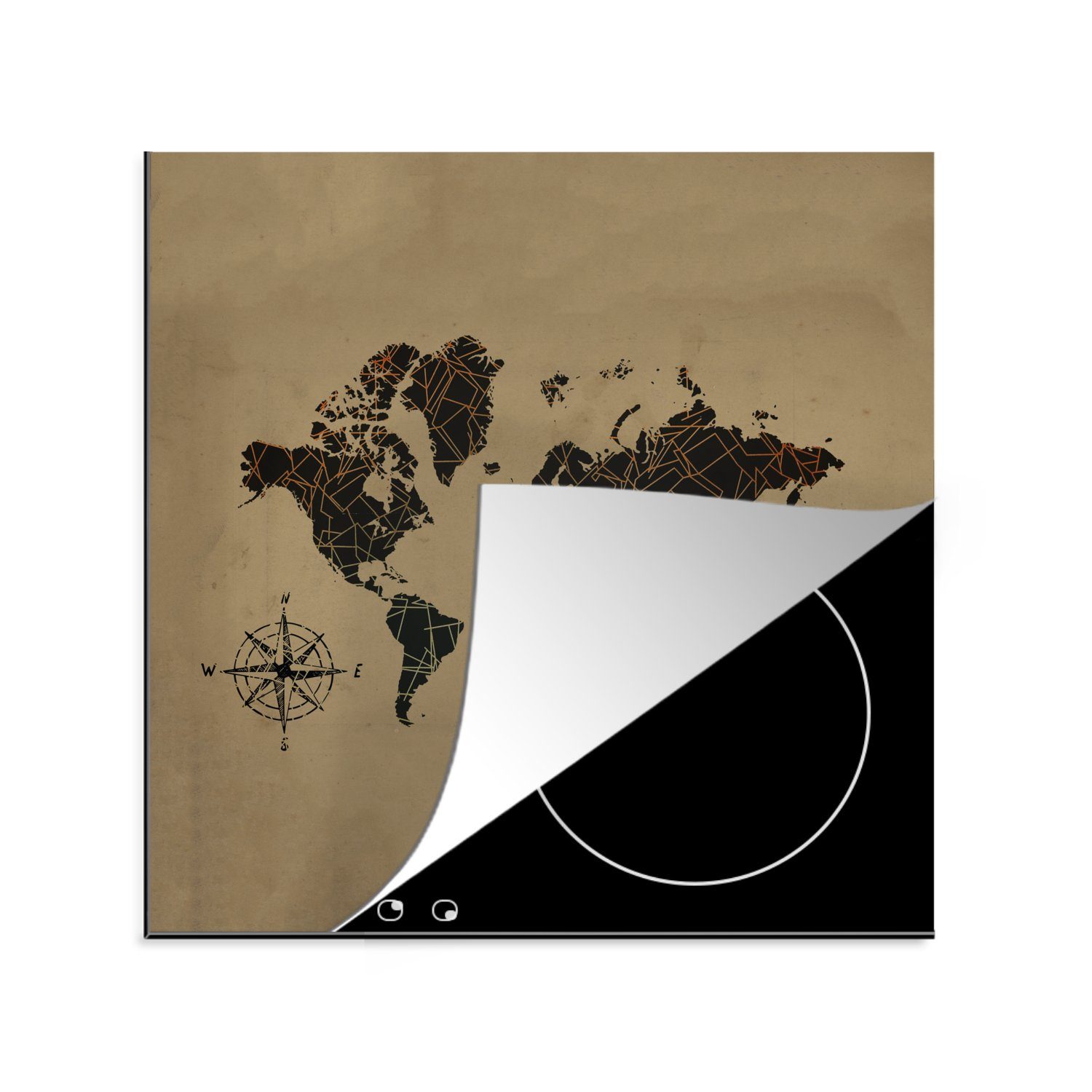 MuchoWow Herdblende-/Abdeckplatte Weltkarte - Gold - Kompass, Vinyl, (1 tlg), 78x78 cm, Ceranfeldabdeckung, Arbeitsplatte für küche | Herdabdeckplatten