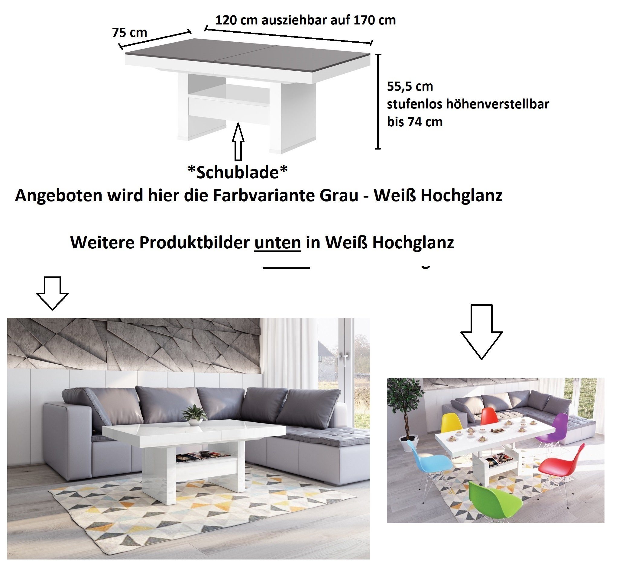 Schublade Couchtisch / ausziehbar Hochglanz Grau Hochglanz Hochglanz designimpex HLU-111 höhenverstellbar Weiß Grau Weiß