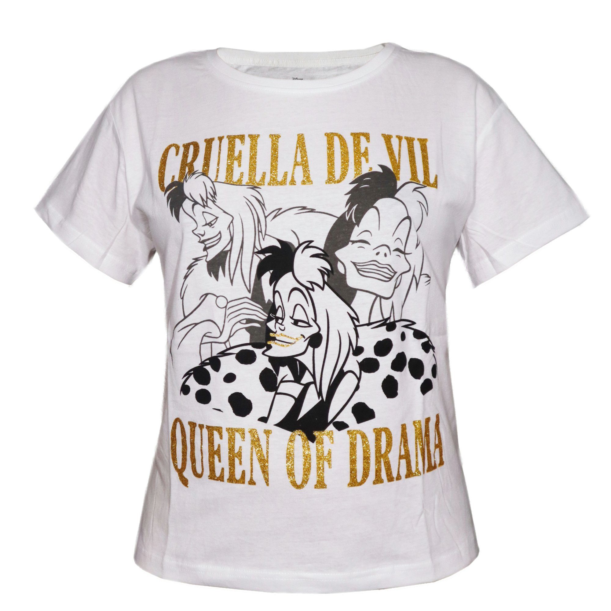 Disney Print-Shirt bis T-Shirt Cruella XS kurzarm Damen Devil 100% Gr. Disney Baumwolle Shirt XL