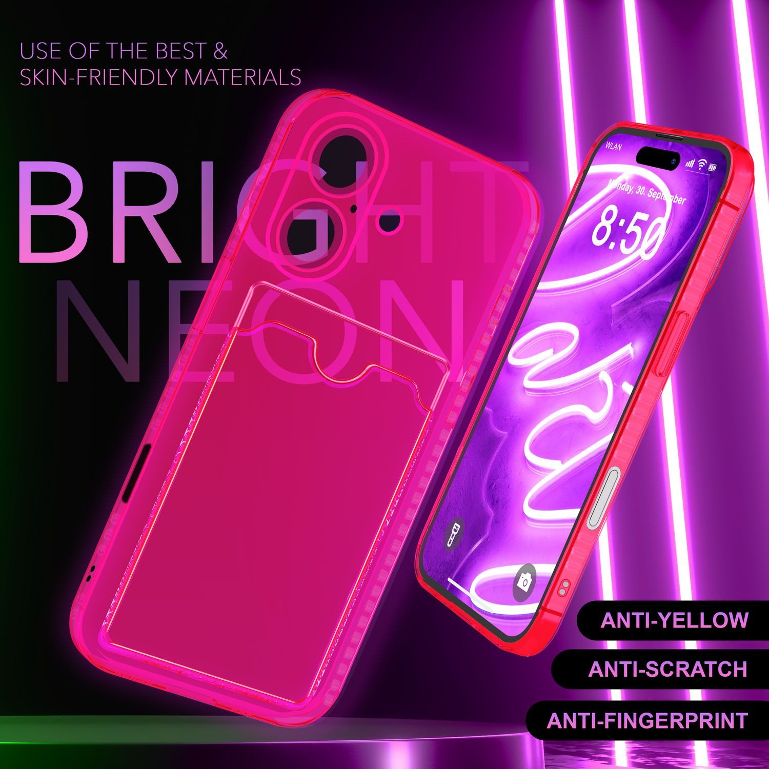 Nalia Smartphone-Hülle Apple iPhone 16 15,5 cm (6,1 Zoll), Klare Neon Silikon Hülle mit Kartenfach / Durchsichtig Bunt Leuchtend