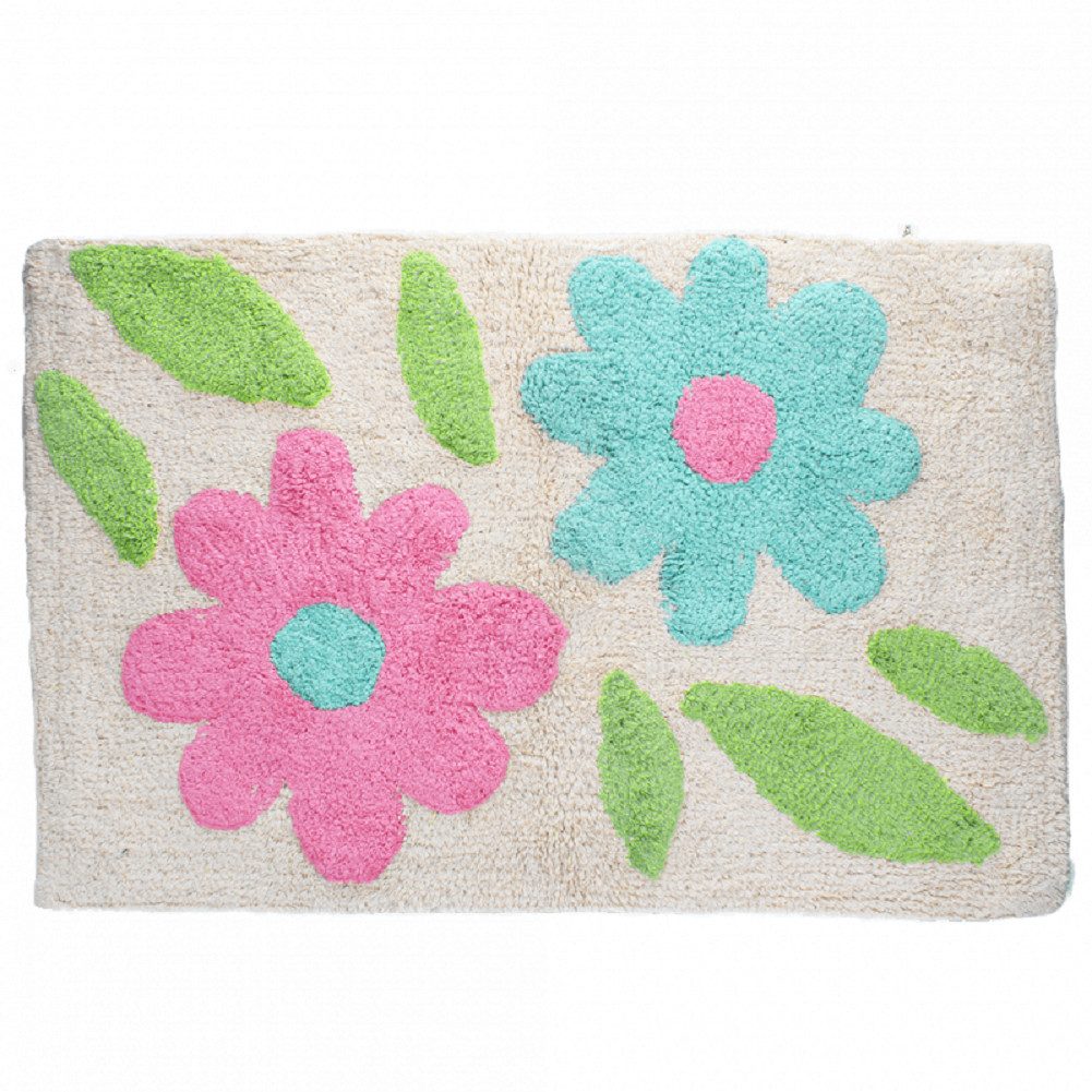 Rex London Badematte Blumen Grün-Pink, wunderbar weich, wasserabsorbierend, getuftete Struktur, Baumwolle, Rechteckig, Bad Vorleger, ca. 80x50 cm, für einen farbigen Akzent im Bad