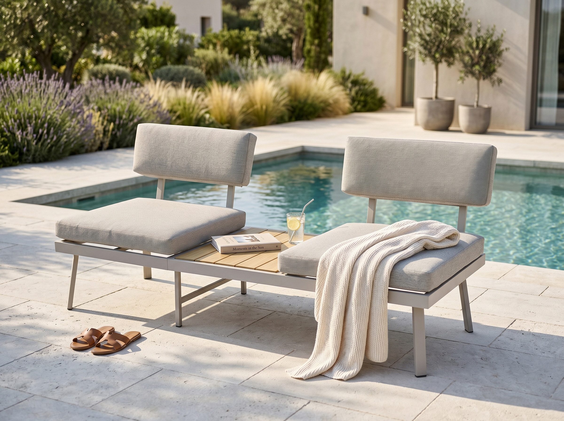Koll Living Gartenlounge-Bank Aluna, 2-in-1-System, zu Gartenliege umklappbar (0-St., 2-in-1-System), zu Gartenliege umwandelbar, mit Klapptisch