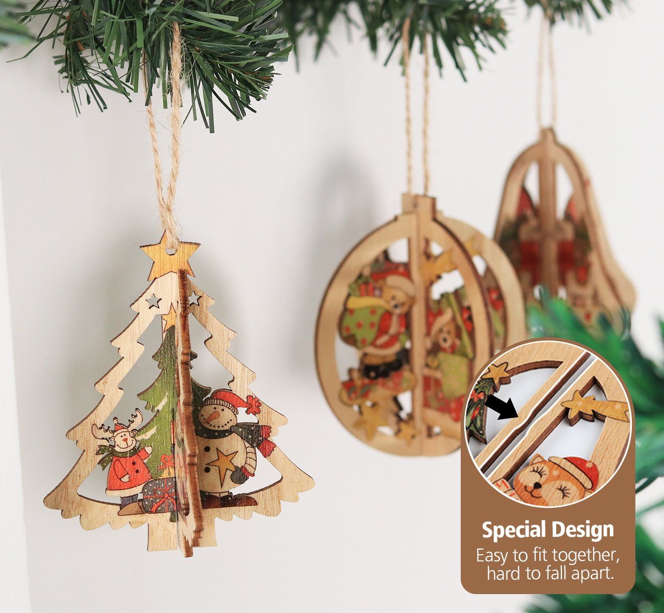 Homewit Christbaumschmuck Weihnachtsbaumschmuck Weihnachtsglocken für Holz Weihnachtsbaum Ornamenten Weihnachtsmann Anhänger 3D Holz (6-tlg), Weihnachtsbaum Dekoration