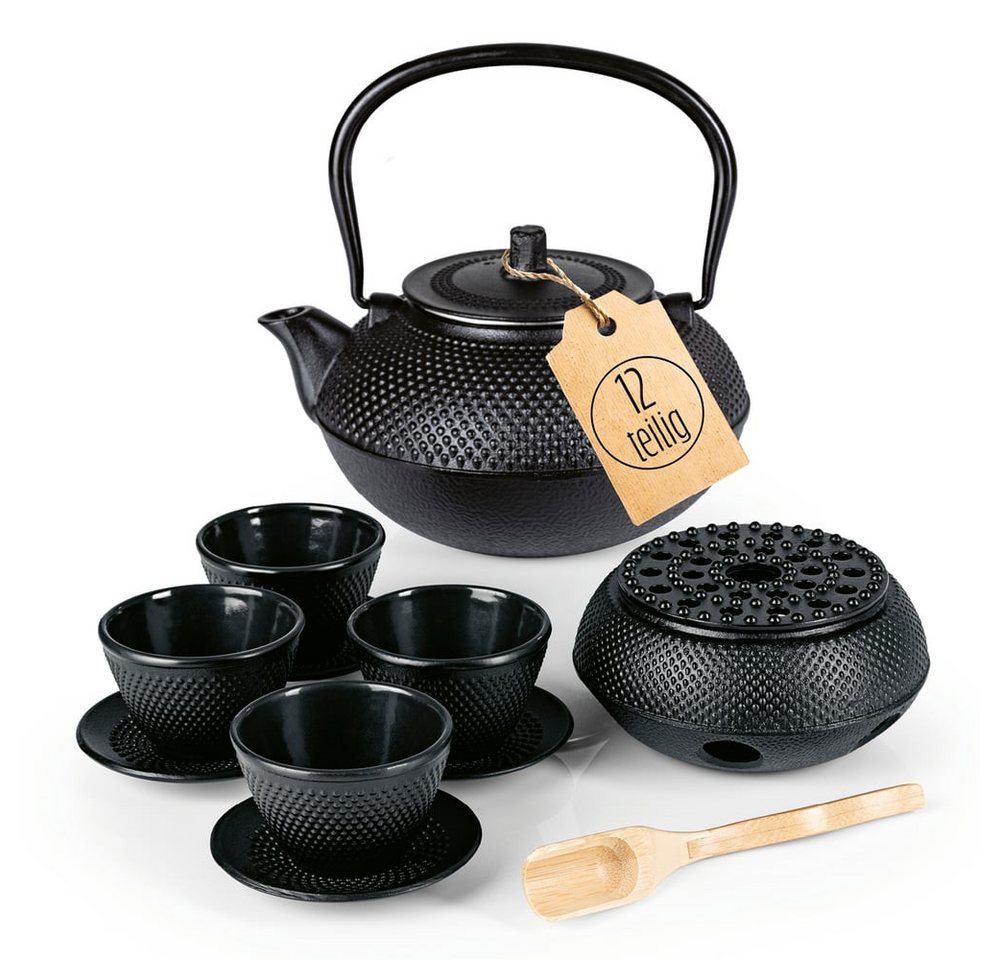 Lumaland Teeservice Set 12-teilig, 1,4 Liter Gusseiserne Teekanne Tetsubin (12-tlg), Bambus/Gusseisen/Edelstahl, Stövchen aus Gusseisen, 4 Teebecher & 4 Untersetzer uvm.