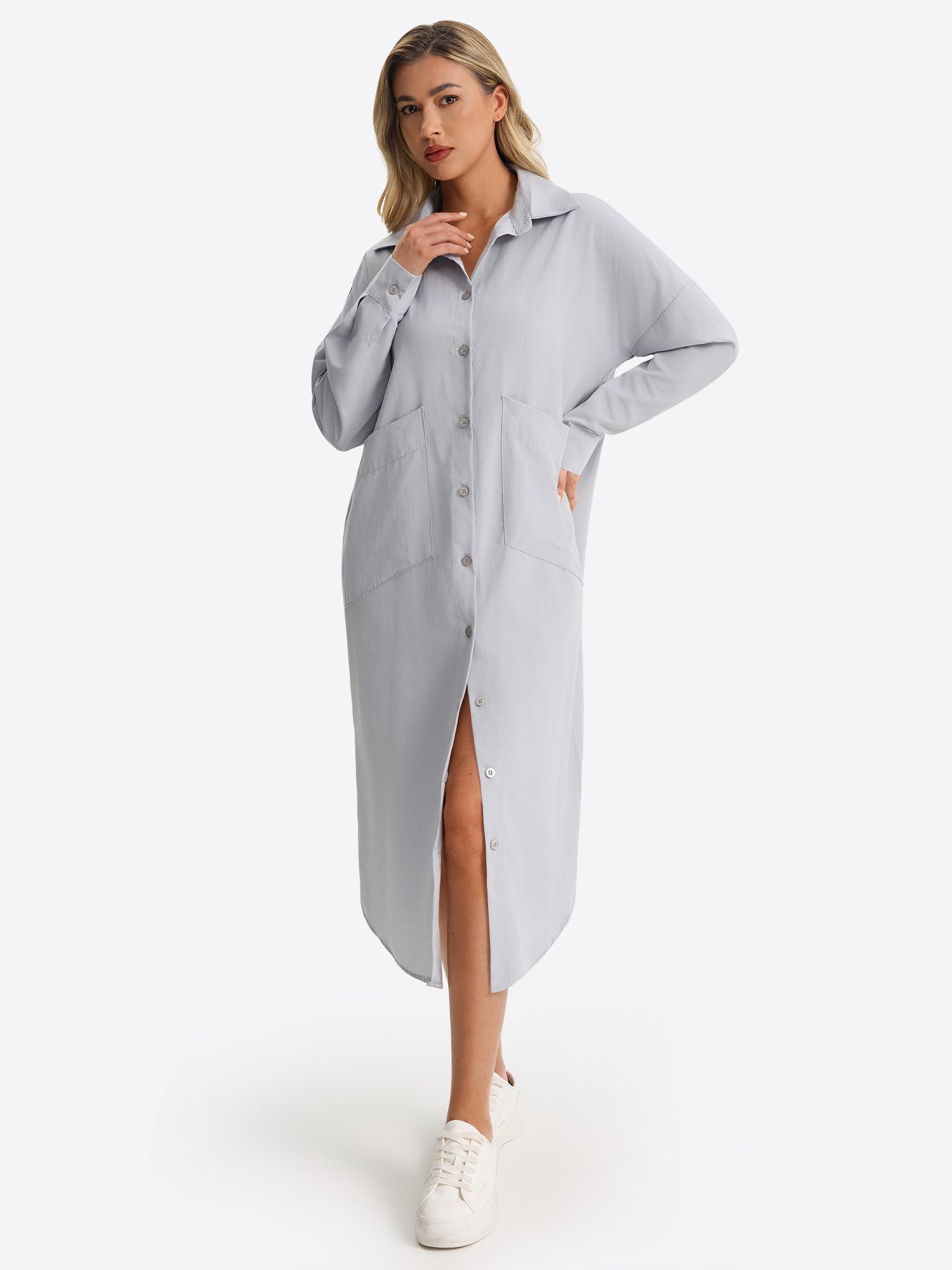 O-Linien-Kleid Damen Langarm Hemdblusenkleid mit Kragen und großen Taschen