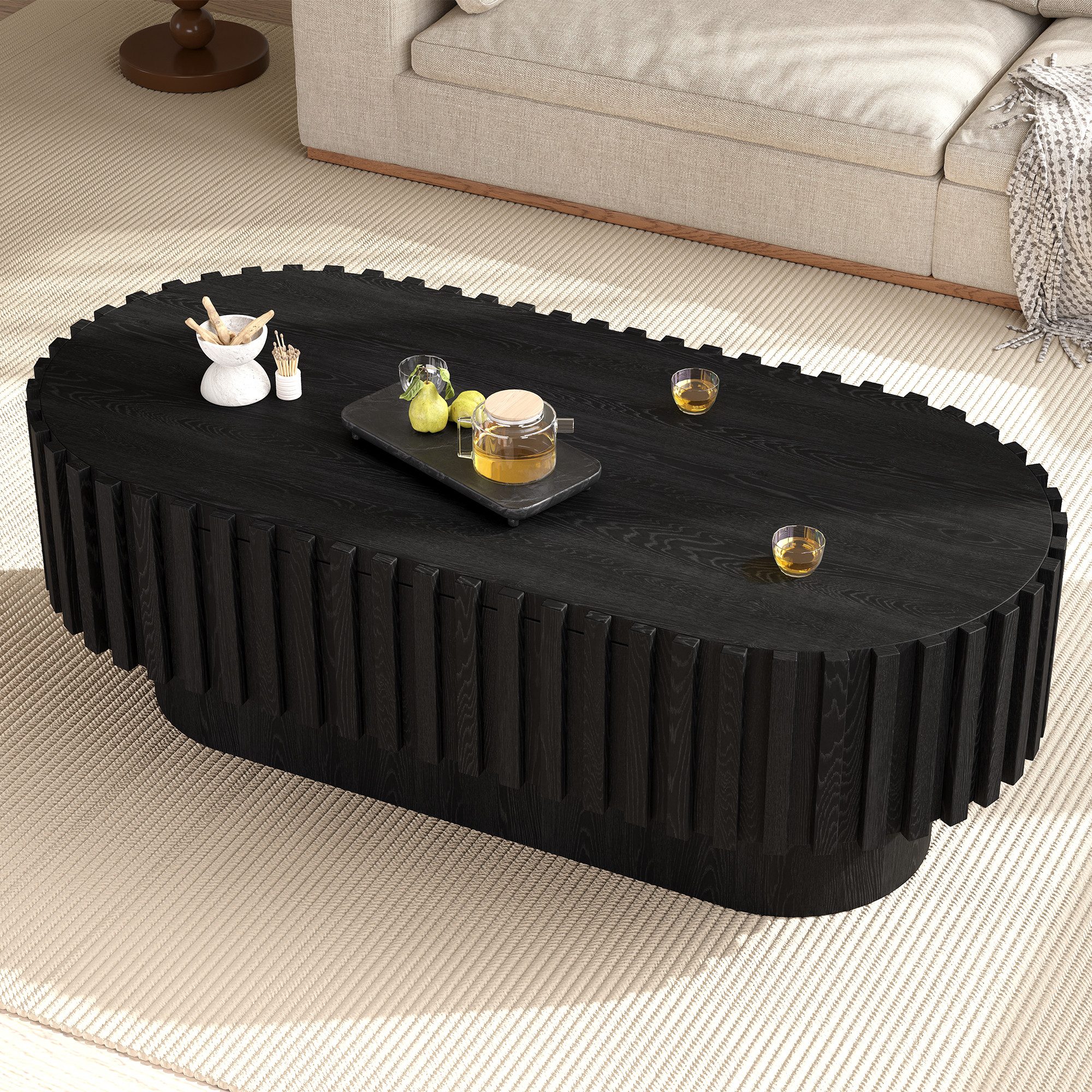 Merax Couchtisch Oval Sofatisch Kaffeetisch Beistelltisch mit vertikaler Lamellen-Optik (1-St), Wohnzimmertisch mit Schublade & abgerundeten Ecken, 100x50x35,5 cm