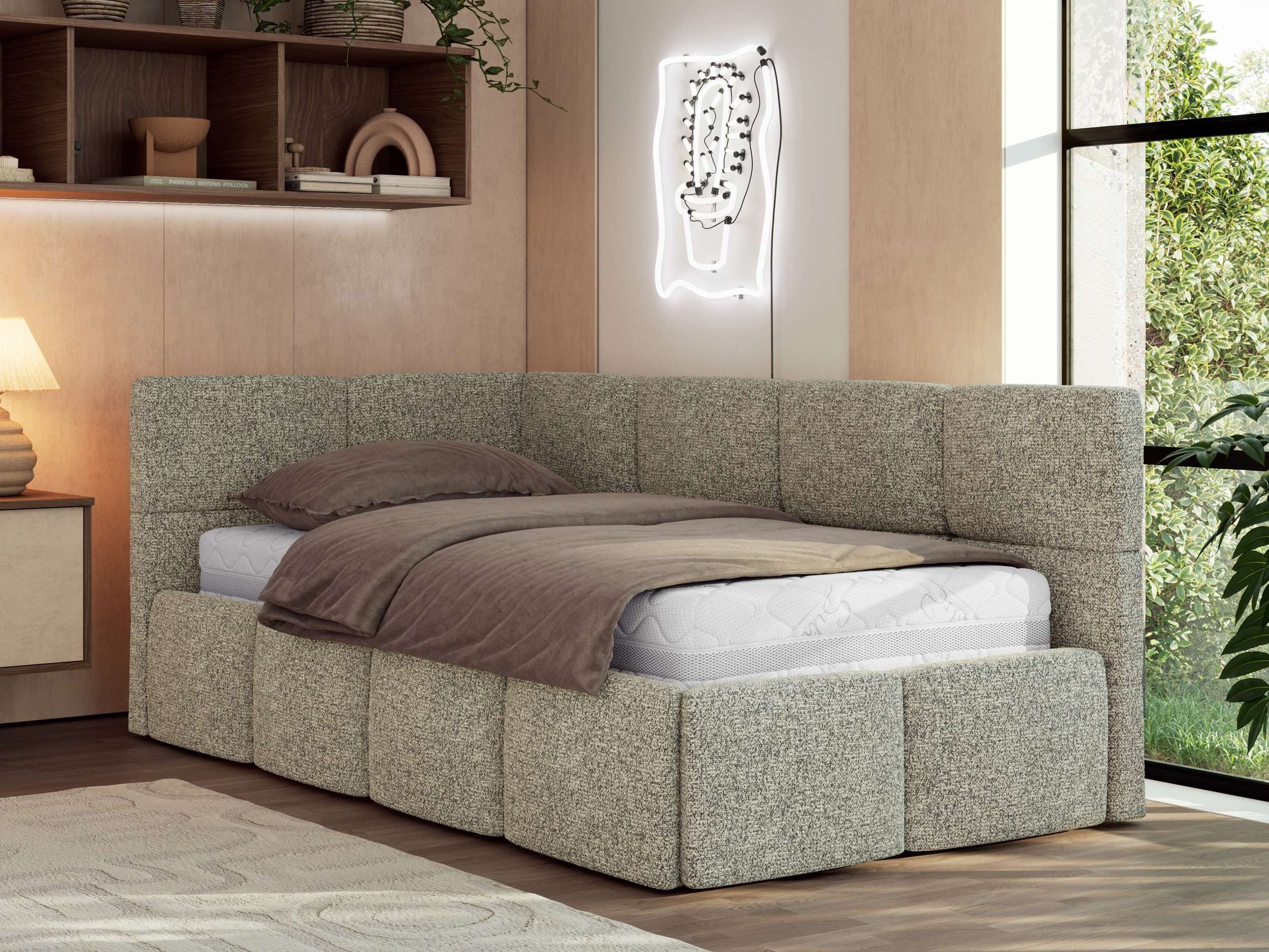 MKS MÖBEL Jugendbett ARVO 90x200 (Set, inkl. Lattenrost, Bettkasten und gepolstertem Kopfteil), Eckbett mit Stauraum, Polsterbett mit Gasdruckfedern