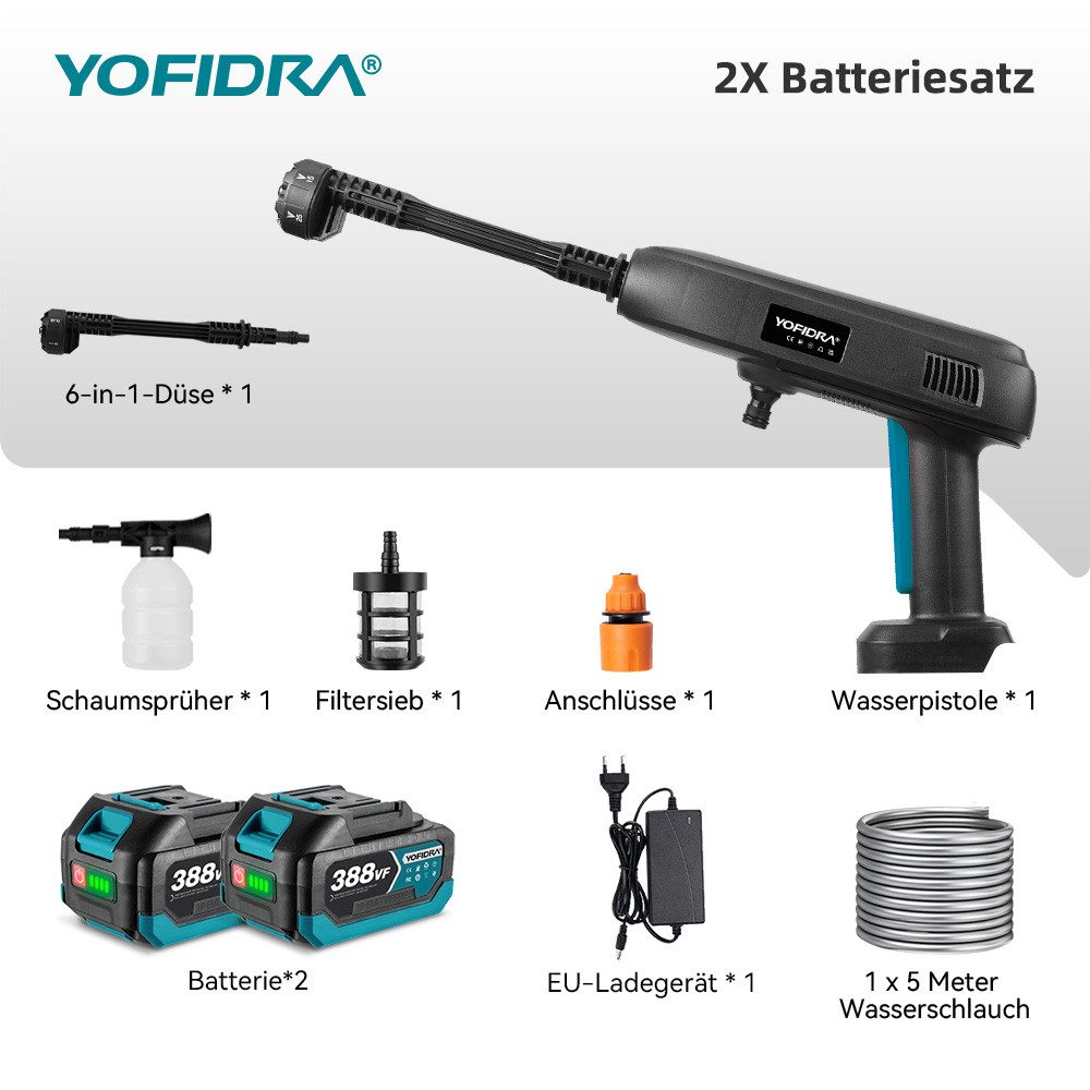 Yofidra Akku-Hochdruckreiniger 45 Bar Mobiler Hochdruckreiniger mit 2 x Akkus, 6-in-1 Düse, Druck max: 40 bar, 400 W, 336l/h Druckreiniger für Autos, Terrasse, Fenste, Garten