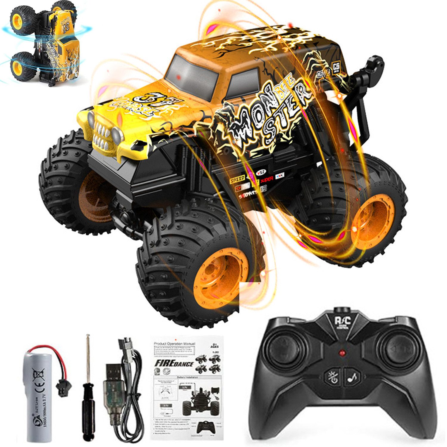 RC-Auto 2,4GHz Monstertruck mit LED-Licht RC Fernbedienung Spielzeugauto gelb