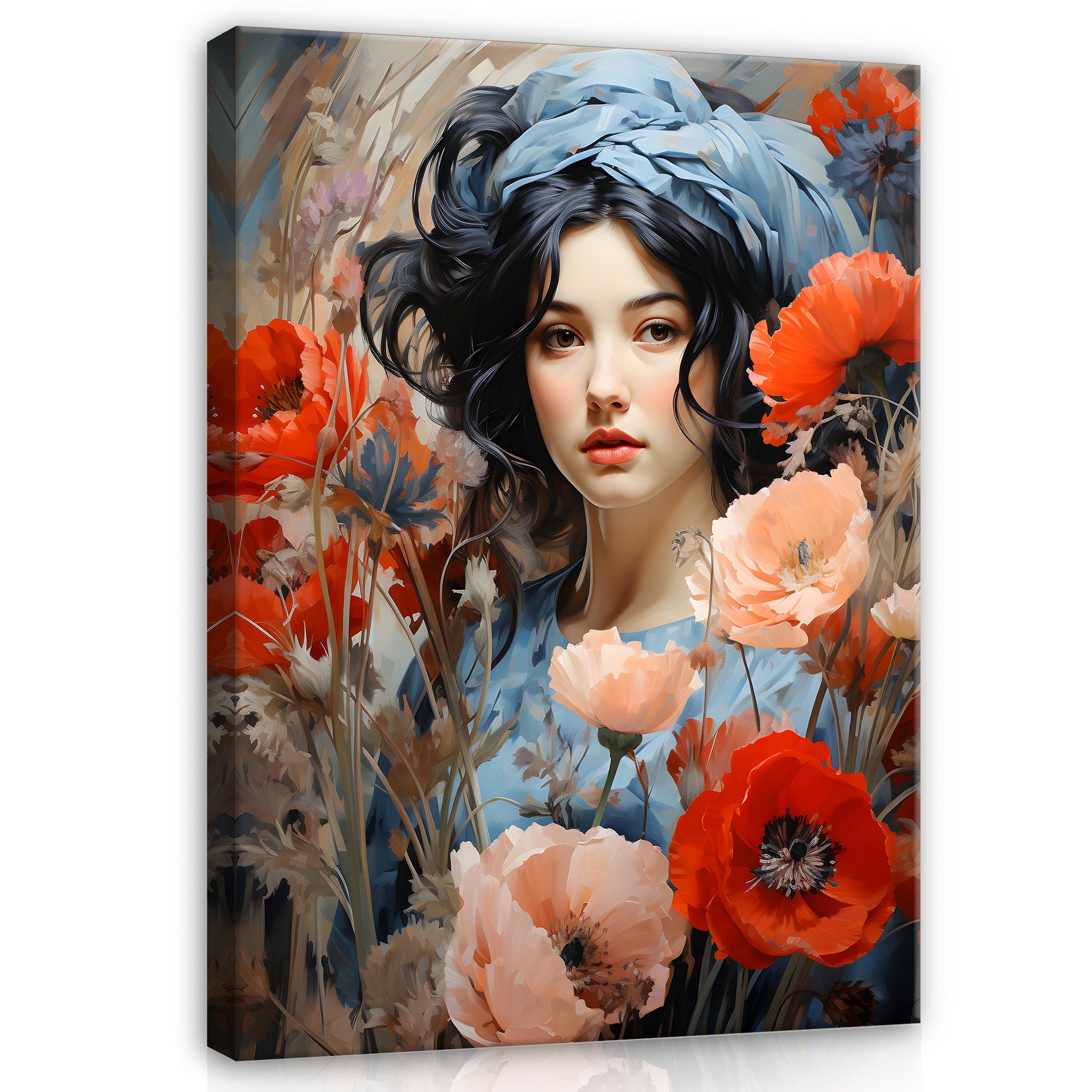 Leinwandbild Frau Blumen Kunst Wandbild XXL Leinwandbilder Modern