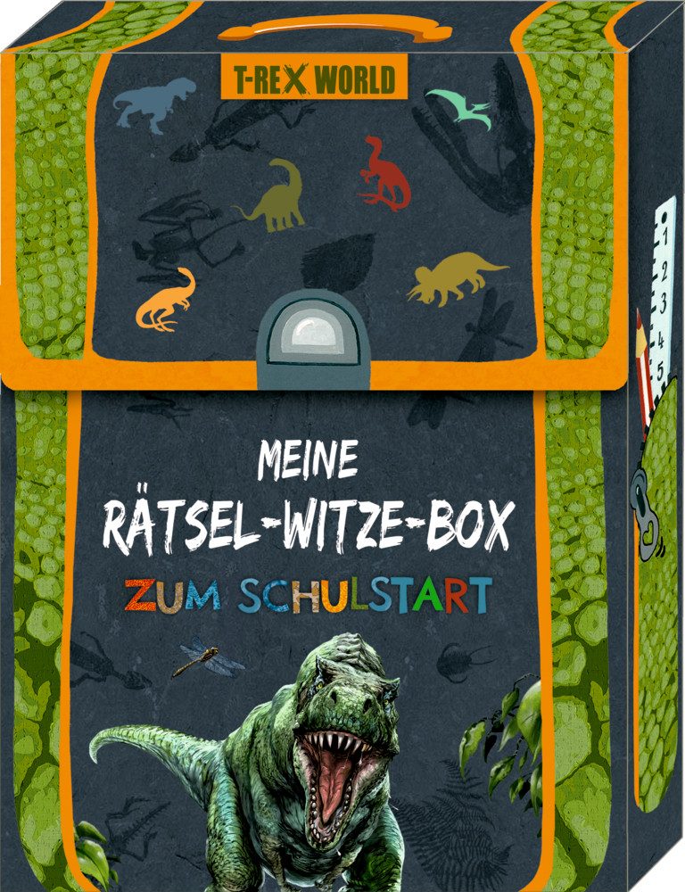 COPPENRATH DIE SPIEGELBURG Lernspielzeug „Meine Rätsel-Witze-Box zum Schulstart – T-Rex World“ – 31 Karten (Set, 31-St., 1), Enthält 31 Karten mit lustigen Witzen und spannenden Rätseln