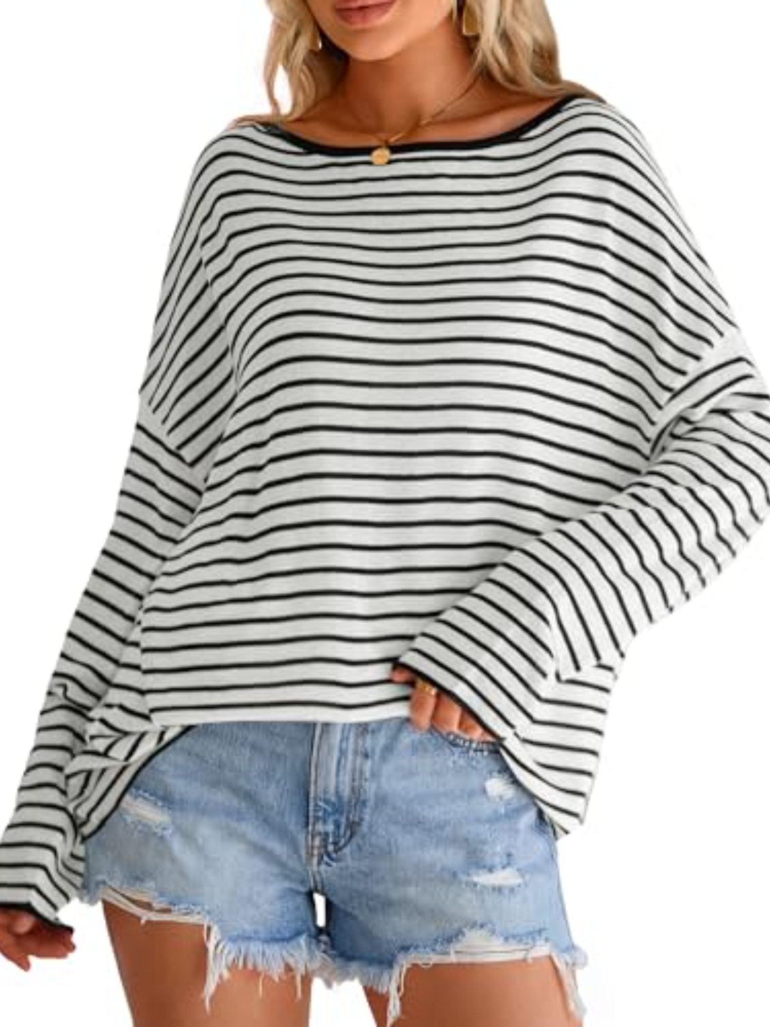 Arach&Cloz Langarmshirt Damen Oversize Shirt, Gestreiftes Off-Shoulder Top für Sommer und Urlaub