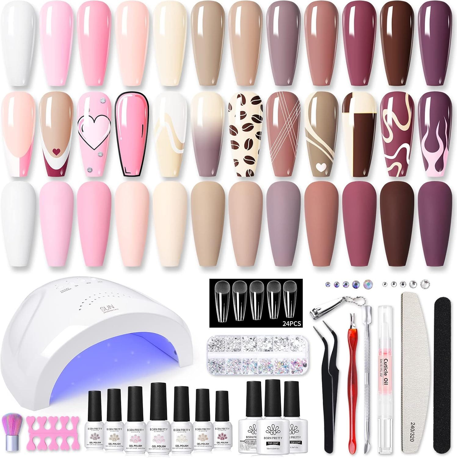 Born Pretty Lichthärtungsgerät Gel Nagellack Set 47-teilig mit 12 Farben UV LED Lampe 48W, 47-tlg., 47-teiliges Gel-Nagellack-Set mit 12 Farben und UV/LED-Lampe, 12 Farben, 48W UV/LED-Lampe, Base Coat, Top Coat