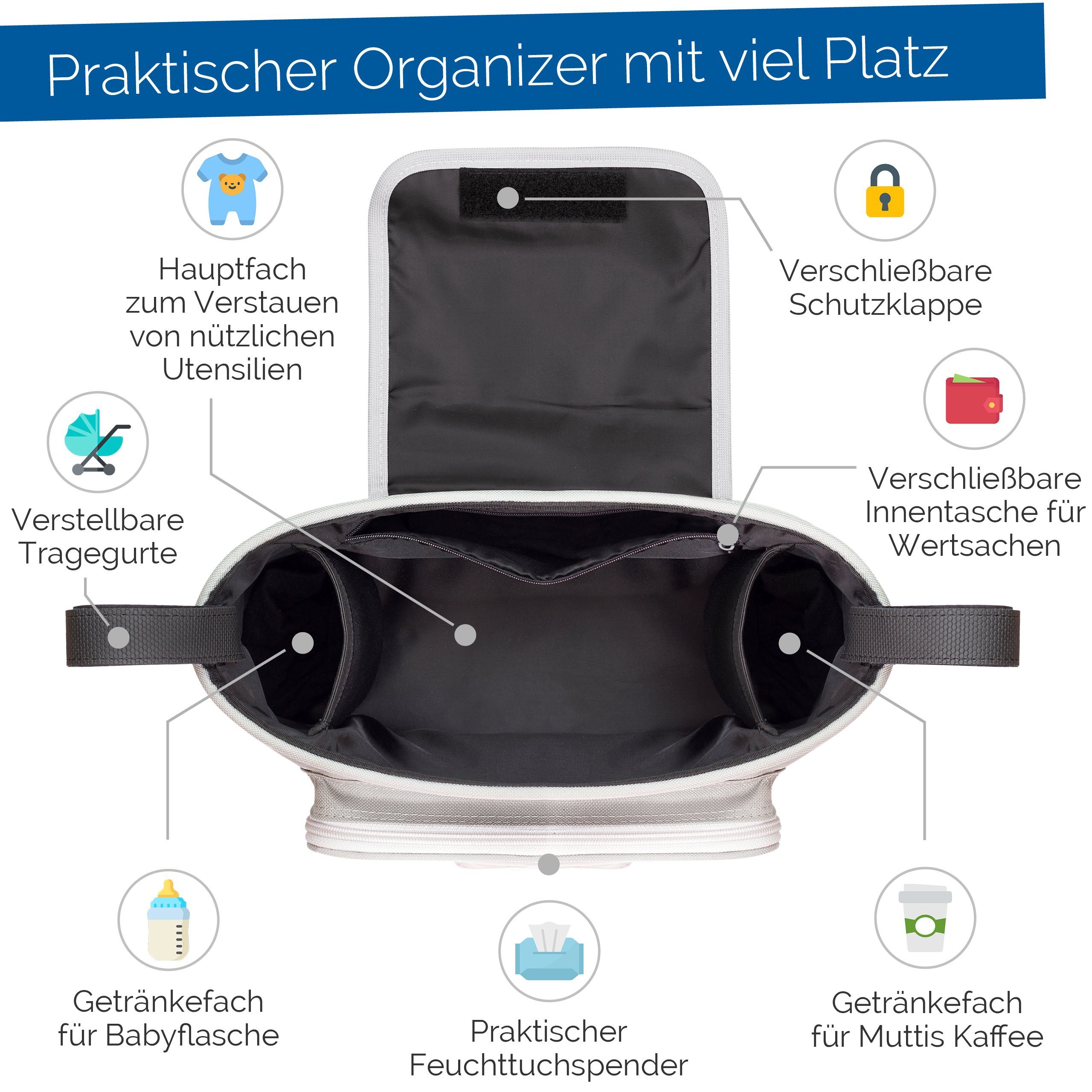 GLÜCKSWOLKE Kinderwagen-Tasche in Grau oder Schwarz I 6 Motive I Kinderwagentasche & Buggy Organizer, Kinderwagen Tasche mit Getränkehalter und Feuchttücherfach