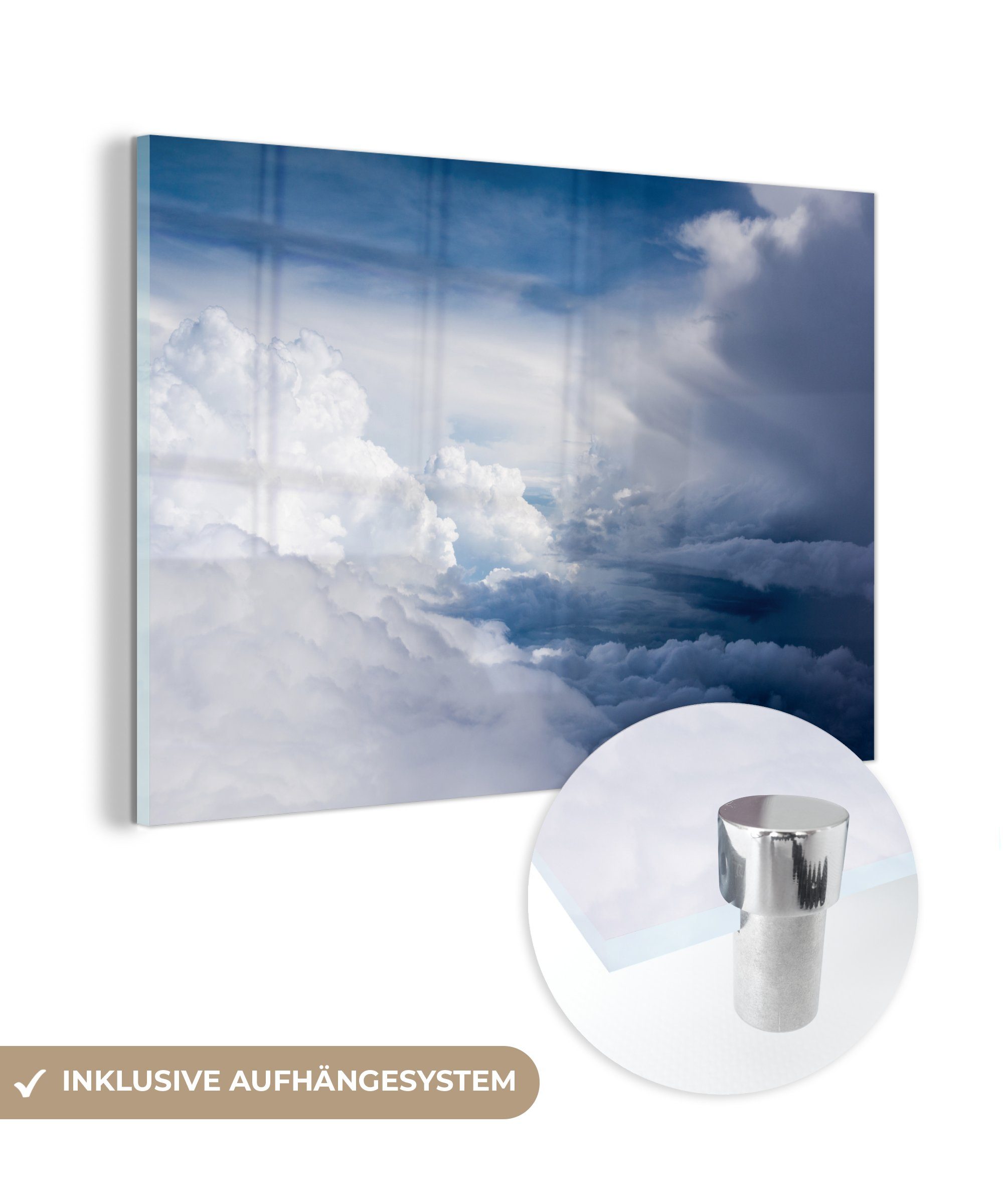 Wohnzimmer MuchoWow einem St), weiße Acrylglasbild (1 Schlafzimmer an & dunkelblauen Himmel, Acrylglasbilder Wolken Große