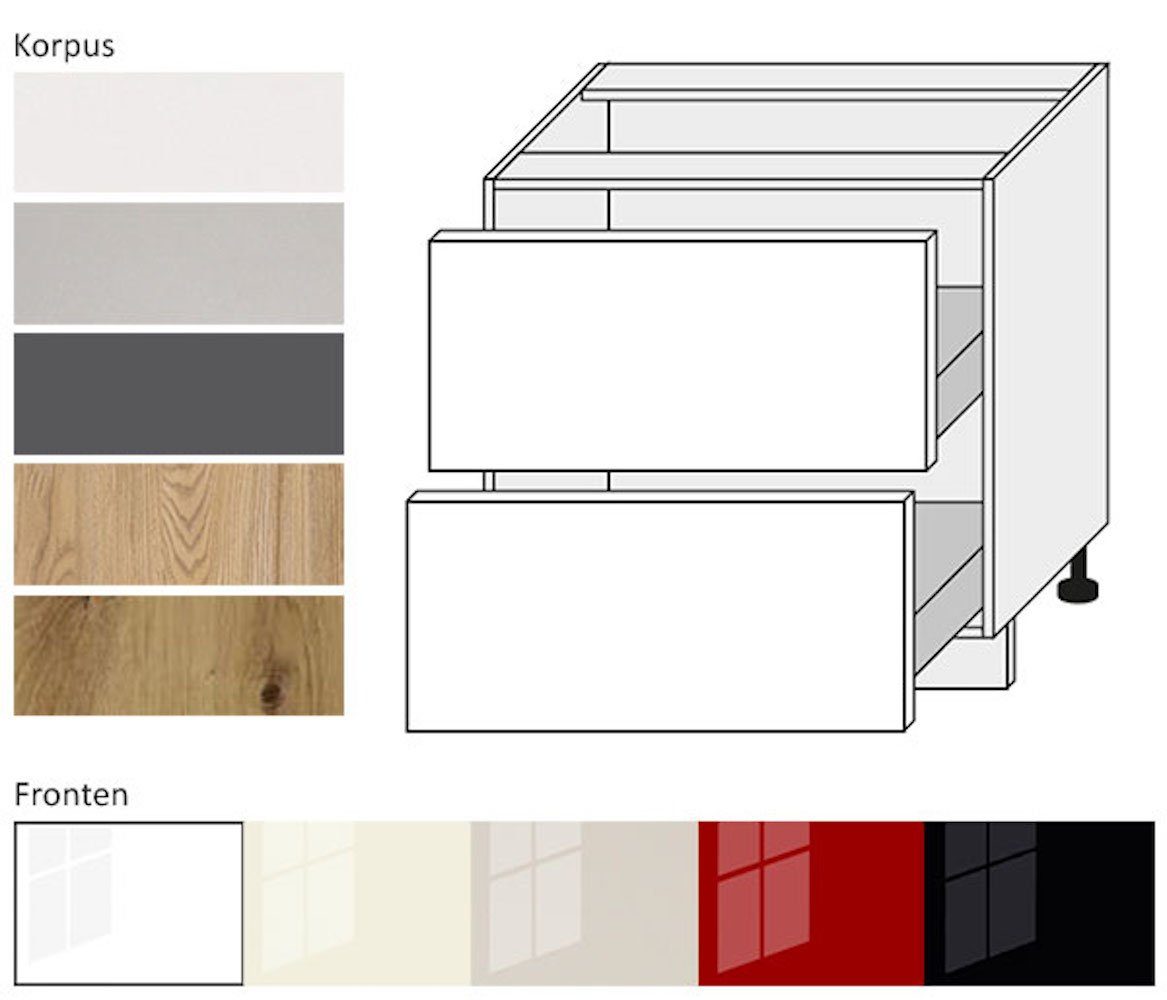 Feldmann-Wohnen Unterschrank Platinium wählbar Hochglanz Schubladen (Platinium) Korpusfarbe 80cm & 2 (Vollauszug) weiß Front